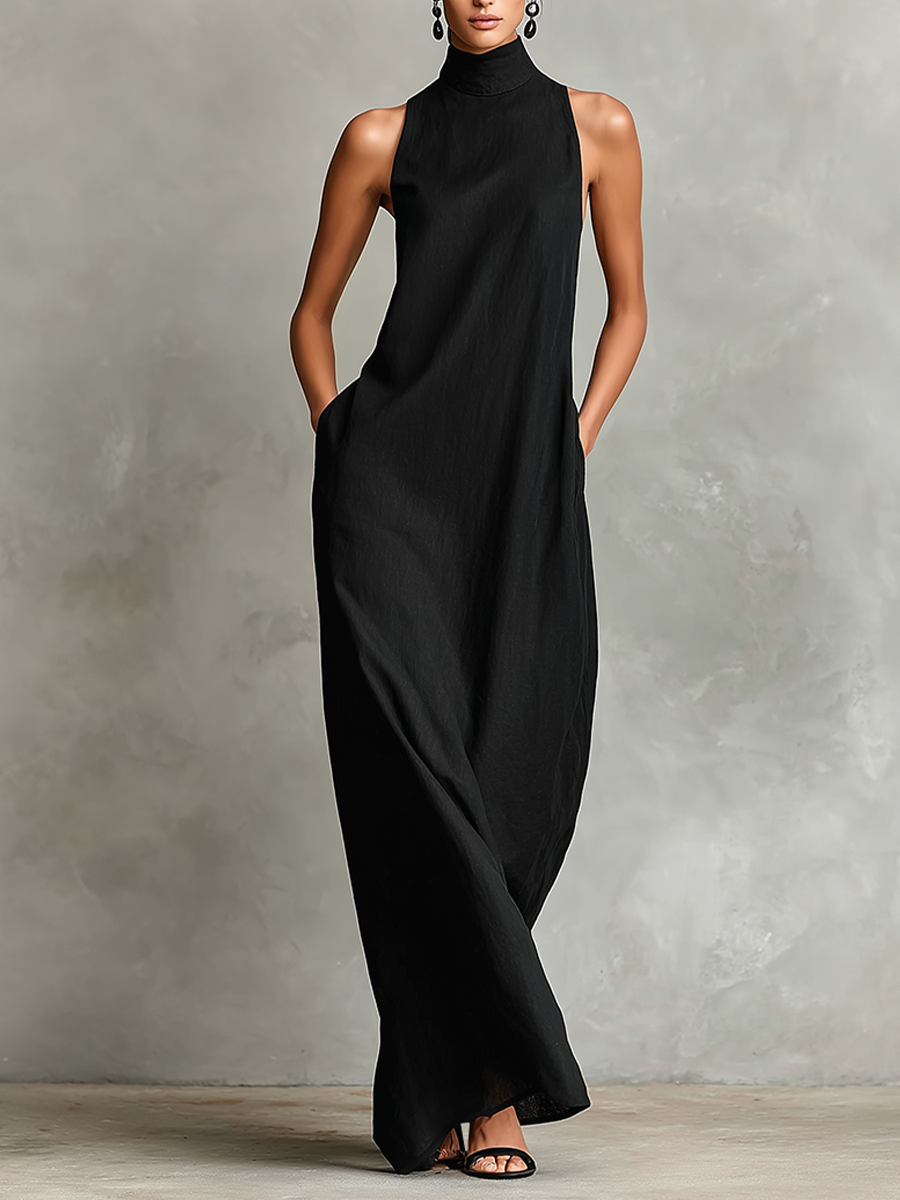 Women's Black Linen-Blend Maxi Dress With High Neck & Side Pockets, Timeless Minimalist Casual Dress