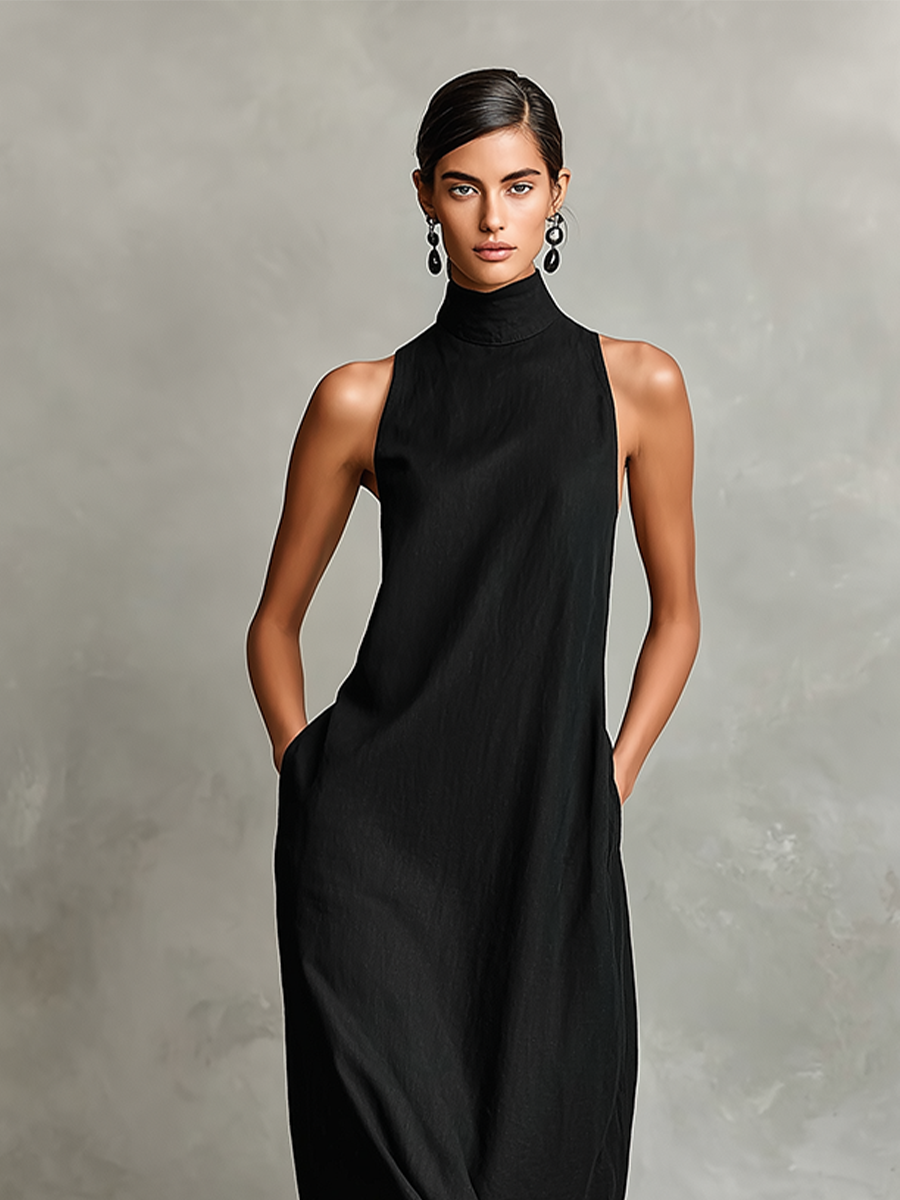 Women's Black Linen-Blend Maxi Dress With High Neck & Side Pockets, Timeless Minimalist Casual Dress