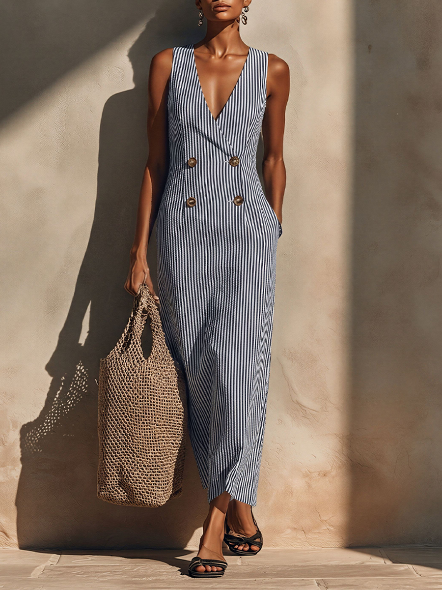 Blue-White Striped Maxi Cotton Dress for Women with Blazer Style and Double-Breasted Design, Timeless Casual Nautical Dress