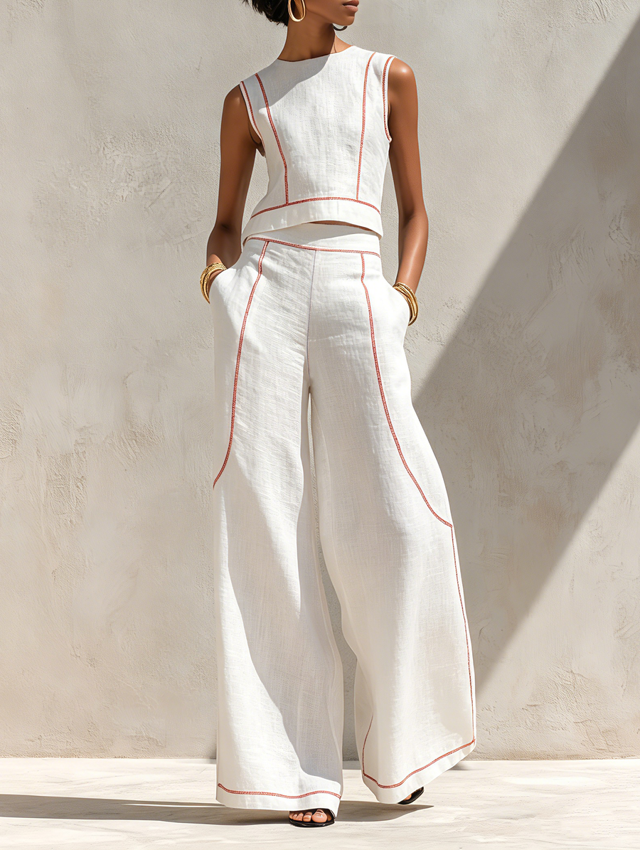 Women's Minimalist Linen-Blend Contrast-Stitched Blouse & Wide-Leg Pants Set