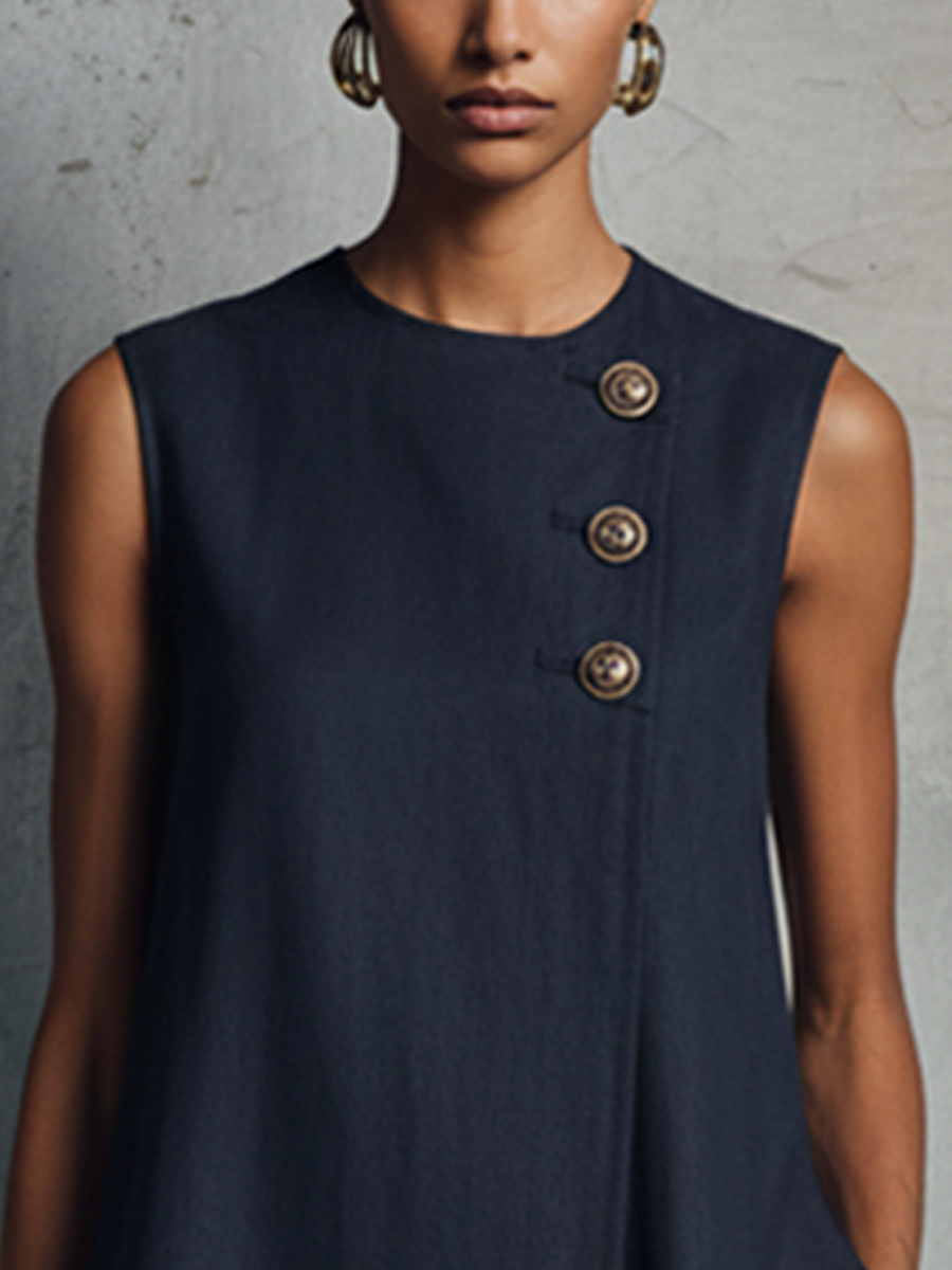 Women's Minimalist Commuter Style Navy Blue Linen Round Neck Asymmetric Buttons Side Pocket Sleeveless Mini Dress