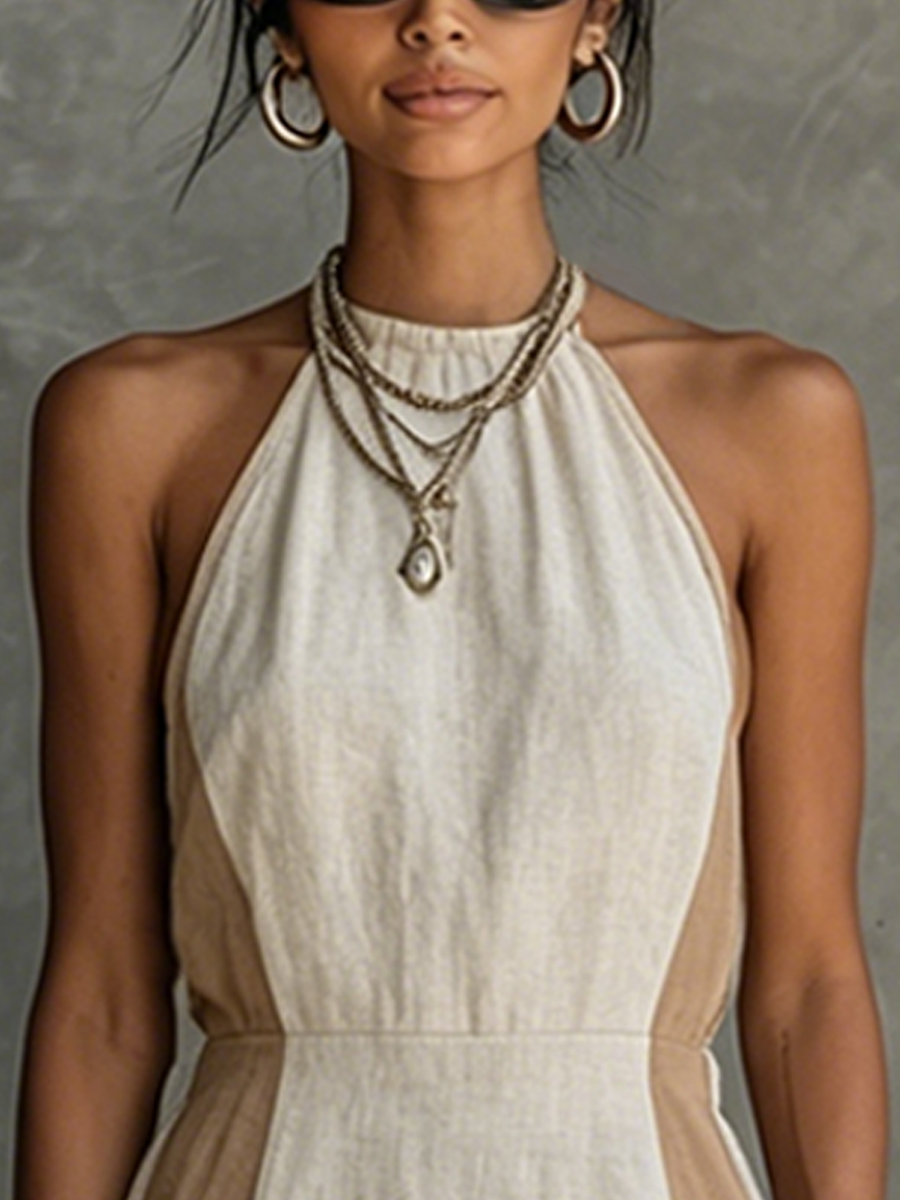 Women's Casual Off-White And Khaki Color-Blocked Cotton And Linen Halter Neck Fitted Waist Mini Dress