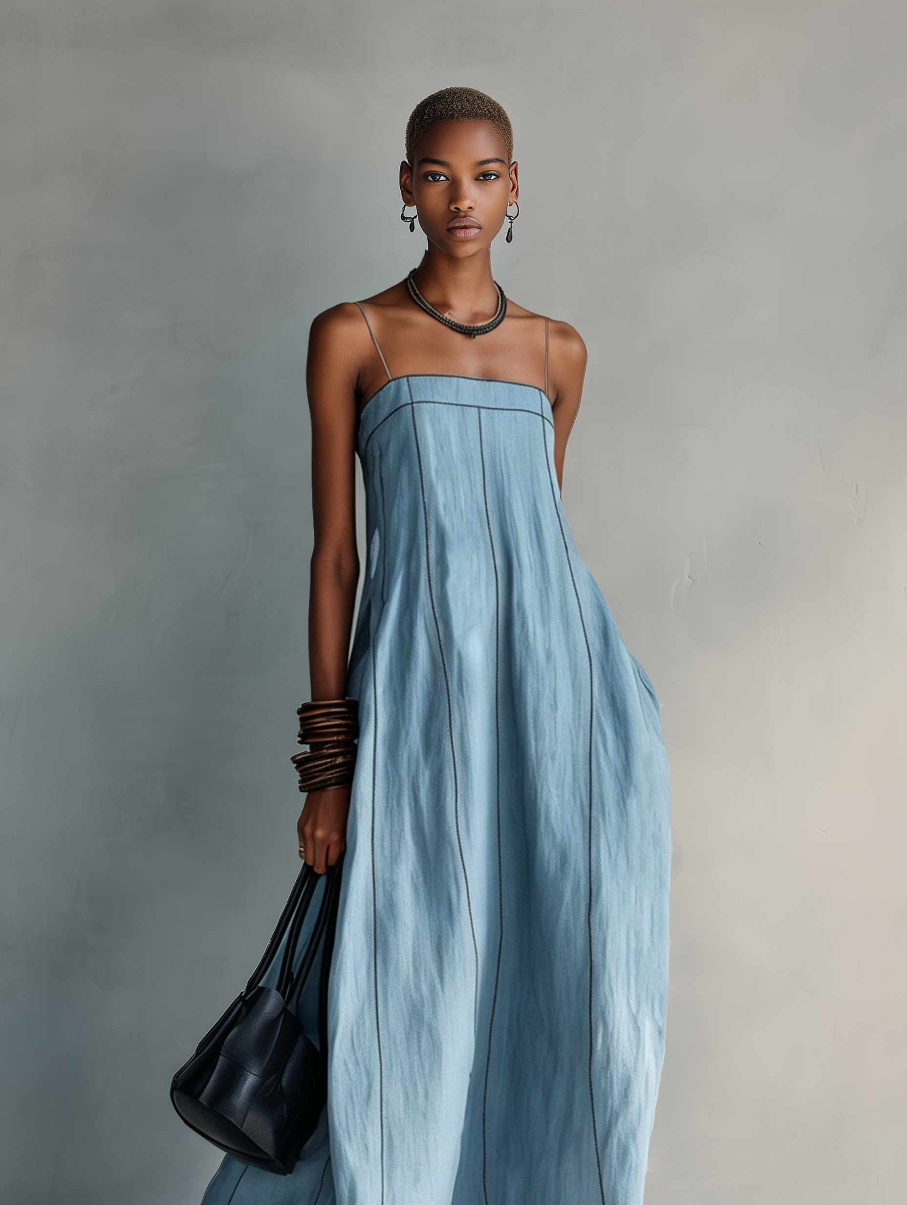Women's Casual Blue Cotton-linen Sleeveless Camisole Maxi Dress