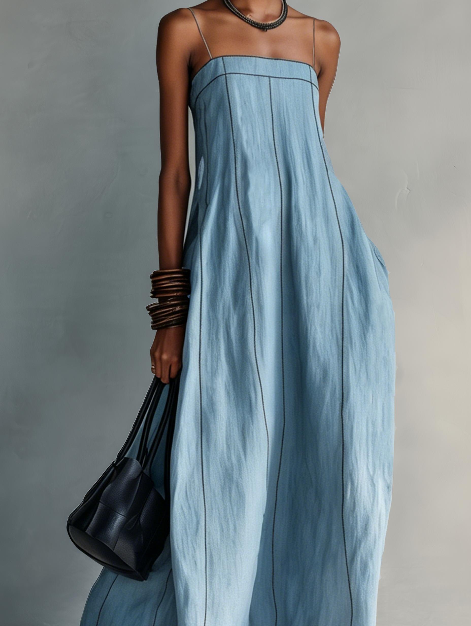 Women's Casual Blue Cotton-linen Sleeveless Camisole Maxi Dress