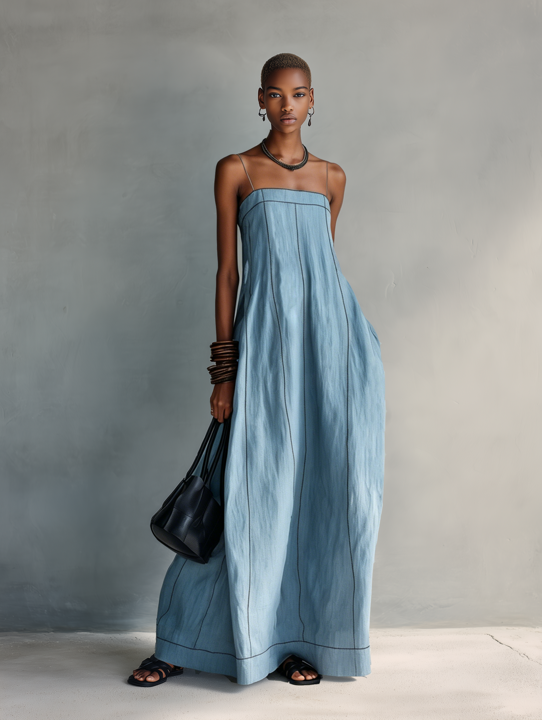 Women's Casual Blue Cotton-linen Sleeveless Camisole Maxi Dress