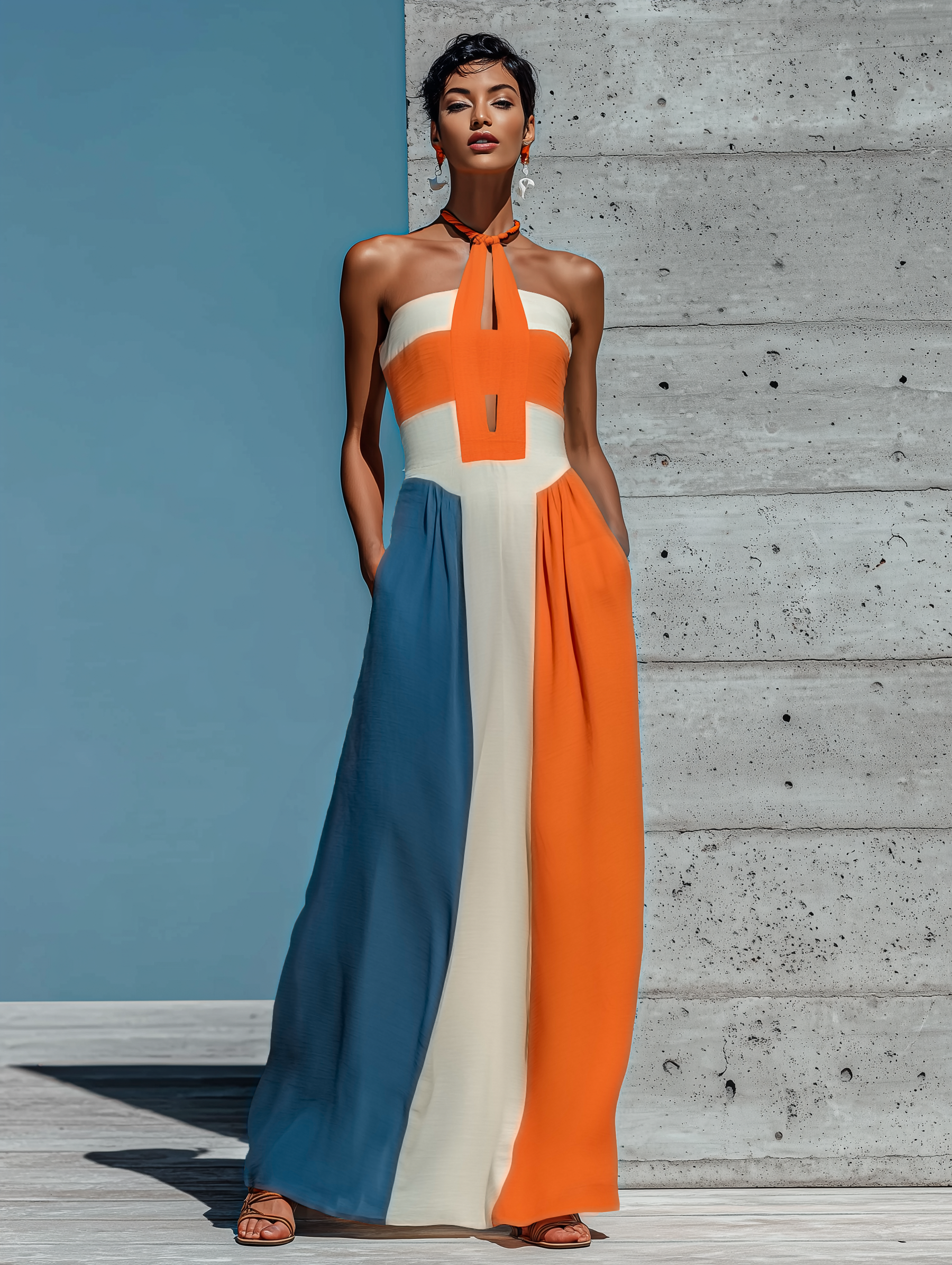 Women’s Orange White Blue Color Block Halter Keyhole Strapless Smocked Bodice Pleated Maxi Dress