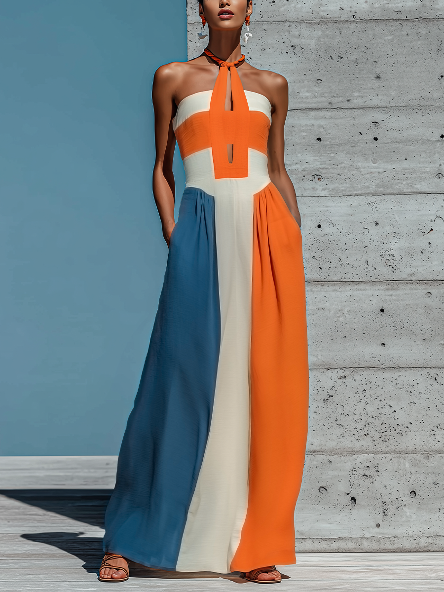 Women’s Orange White Blue Color Block Halter Keyhole Strapless Smocked Bodice Pleated Maxi Dress