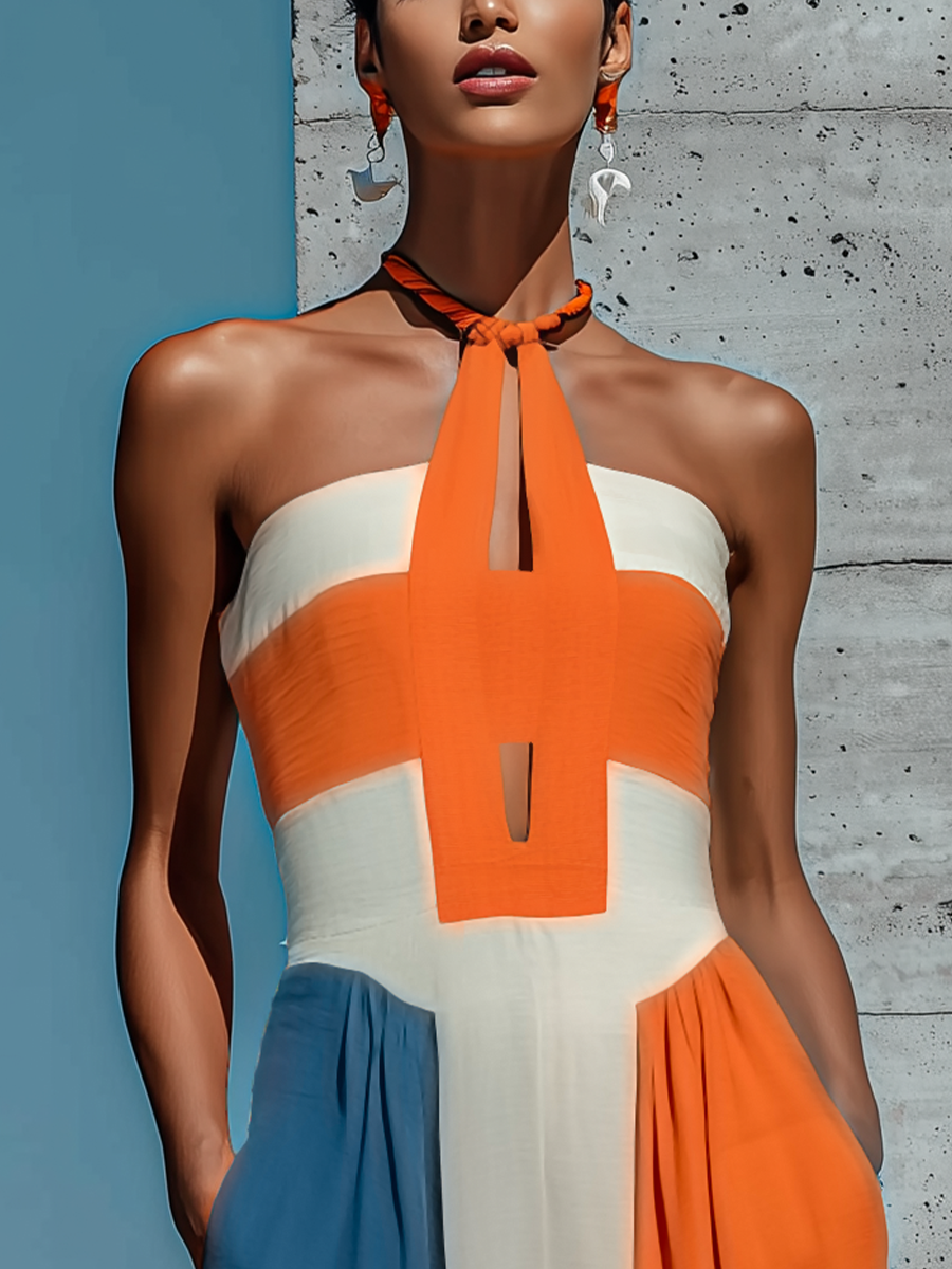 Women’s Orange White Blue Color Block Halter Keyhole Strapless Smocked Bodice Pleated Maxi Dress
