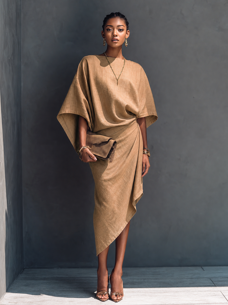 Women's Modern Minimalist Khaki Linen Blend Draped Asymmetric Short Sleeve Midi Dress