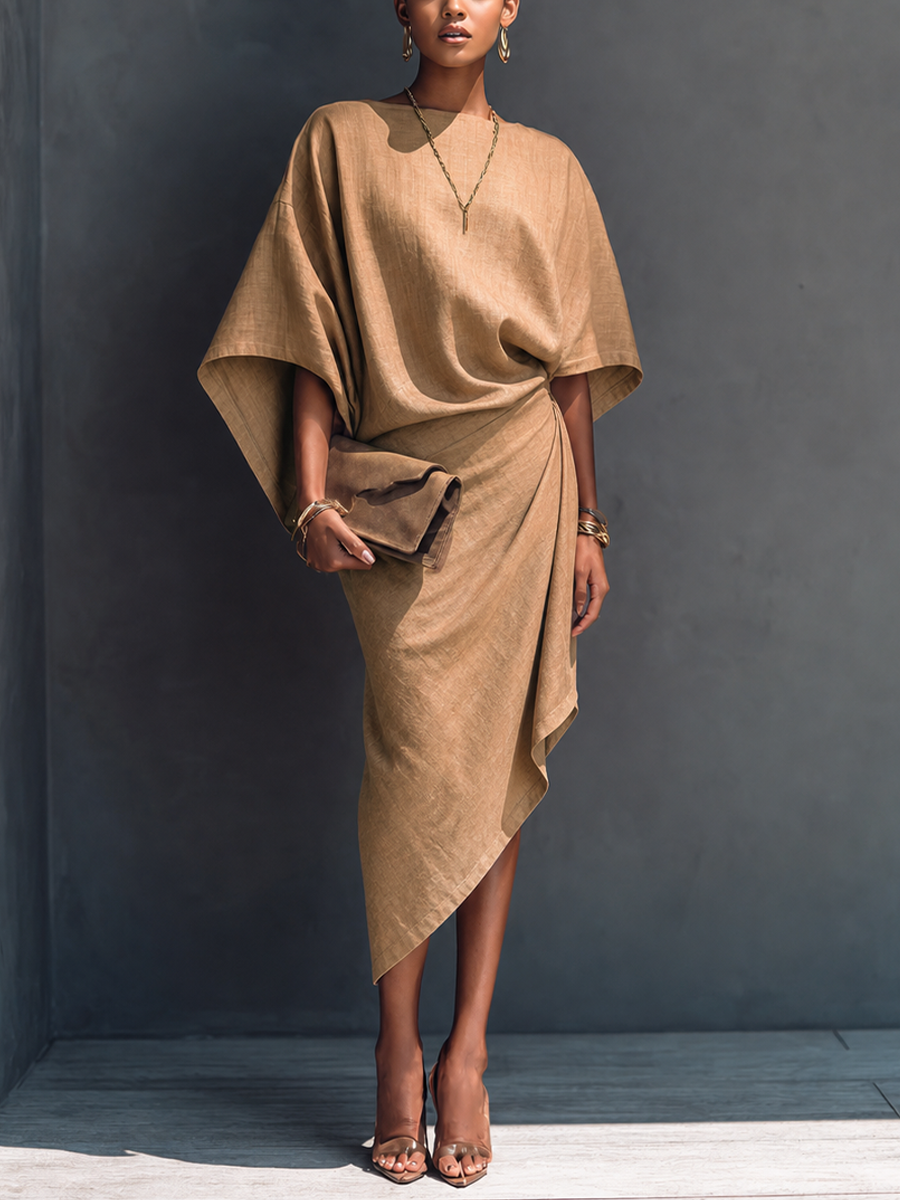 Women's Modern Minimalist Khaki Linen Blend Draped Asymmetric Short Sleeve Midi Dress