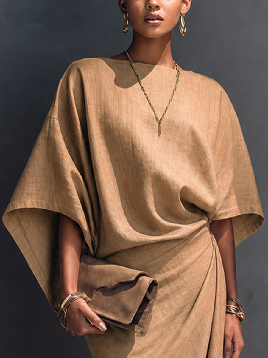 Women's Modern Minimalist Khaki Linen Blend Draped Asymmetric Short Sleeve Midi Dress