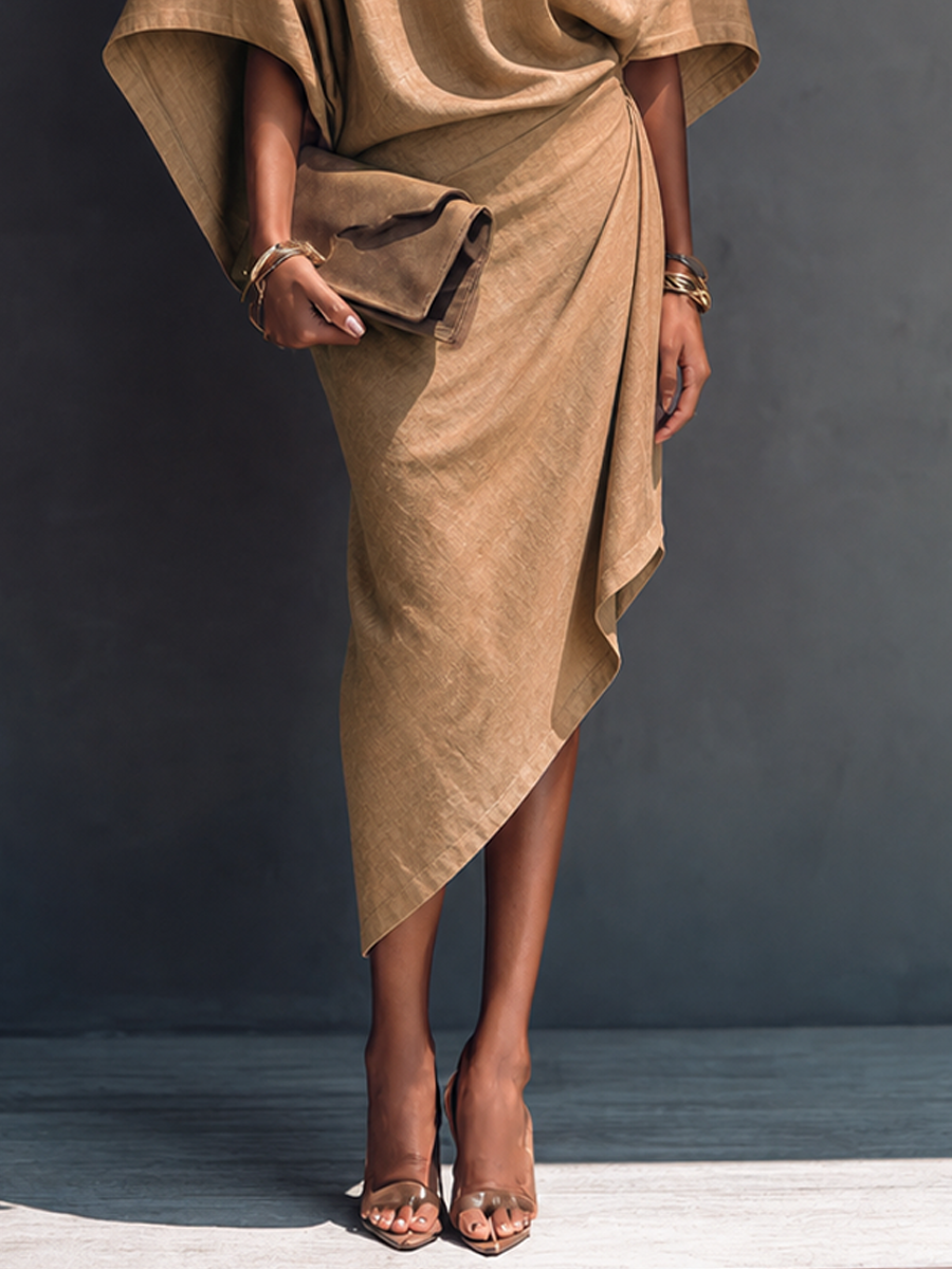 Women's Modern Minimalist Khaki Linen Blend Draped Asymmetric Short Sleeve Midi Dress