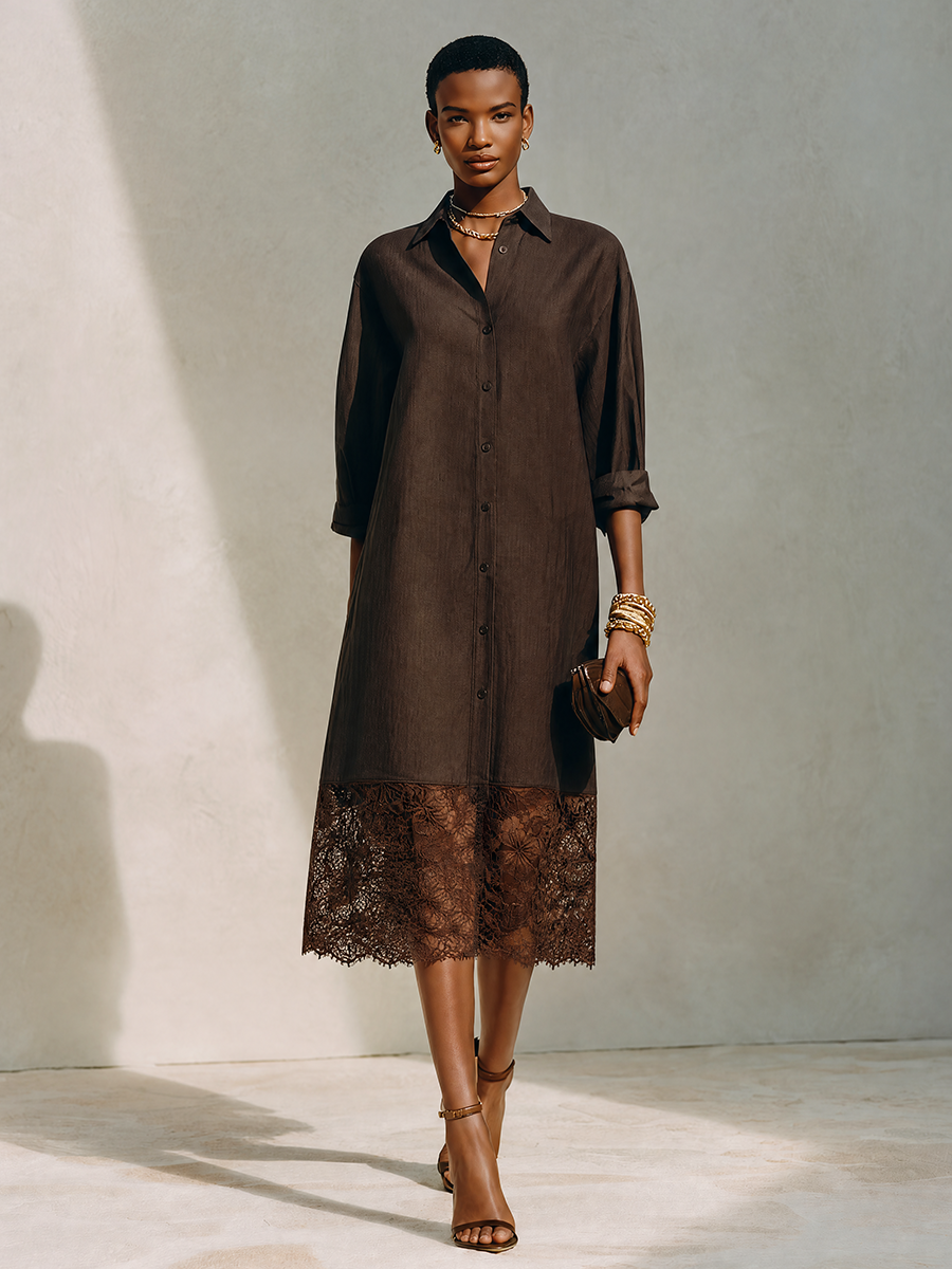 Women's Minimalist Solid Brown Linen & Lace-Panel Midi Shirt Dress