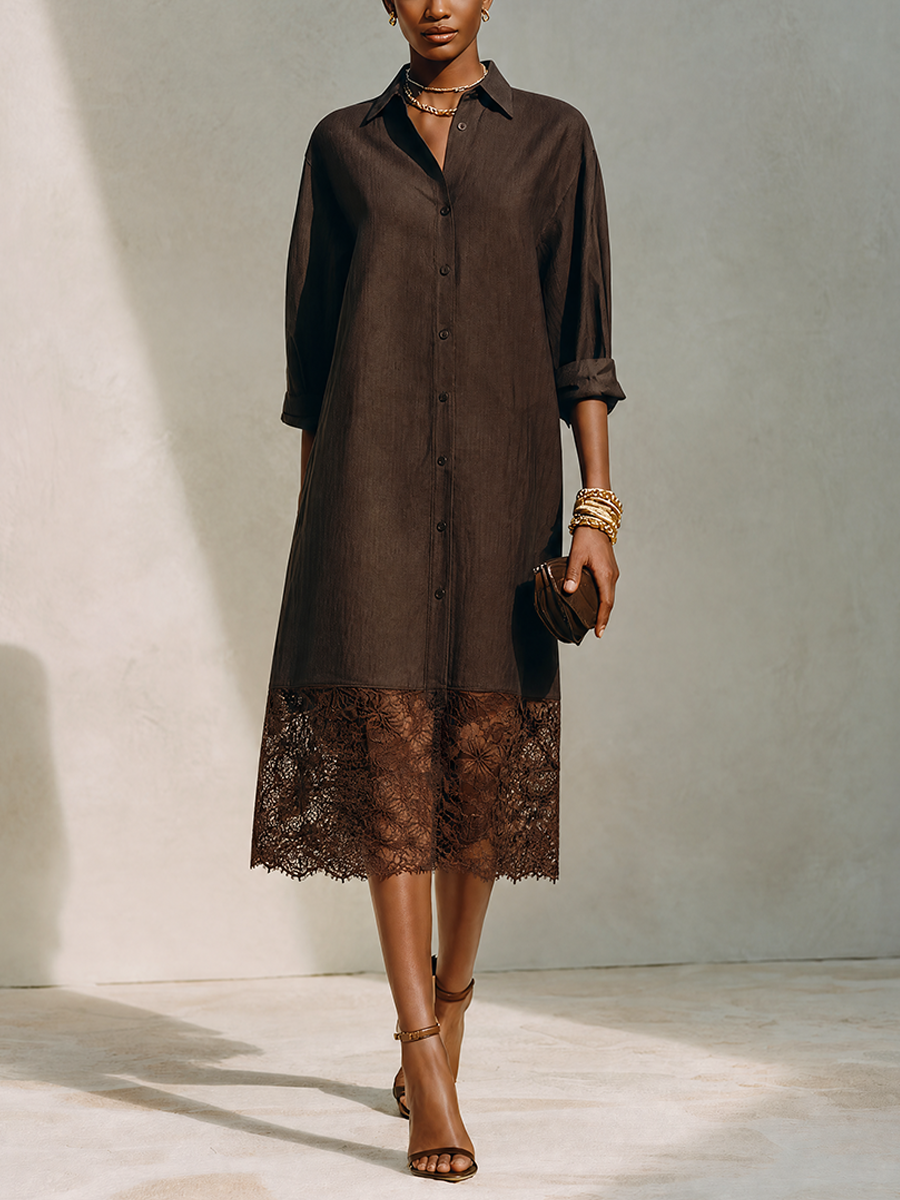 Women's Minimalist Solid Brown Linen & Lace-Panel Midi Shirt Dress