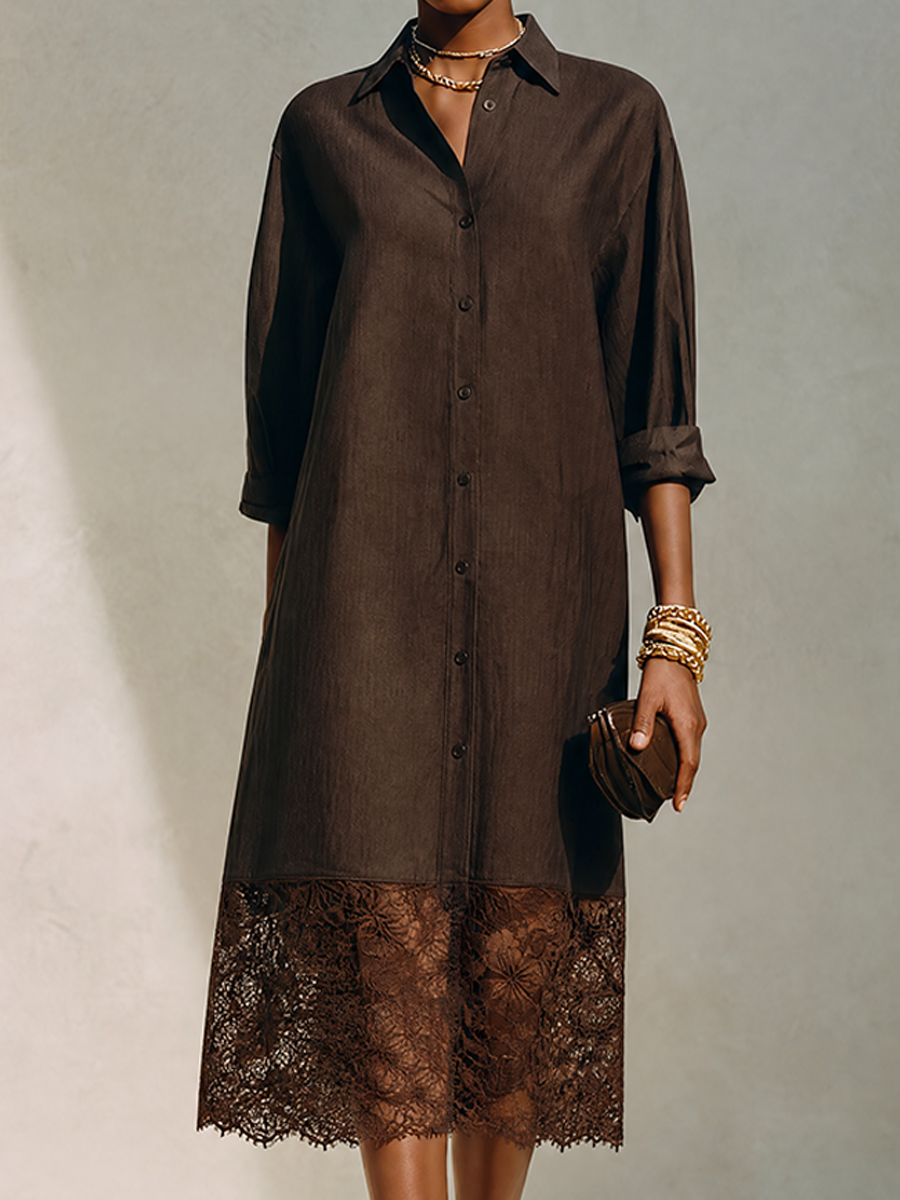 Women's Minimalist Solid Brown Linen & Lace-Panel Midi Shirt Dress
