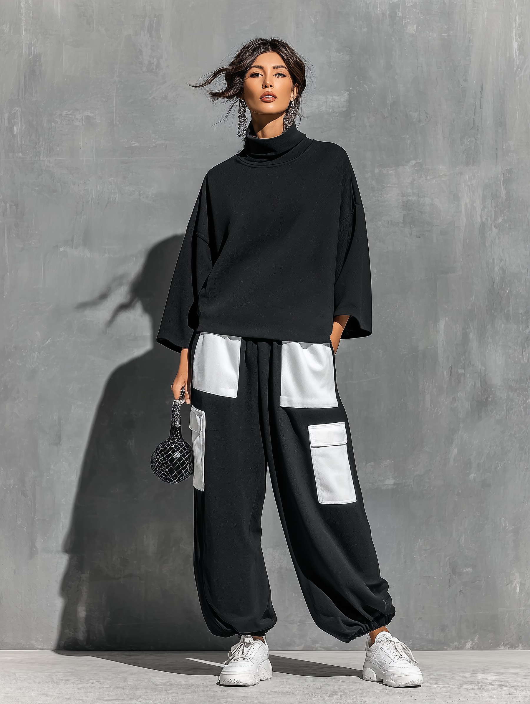 Women’s Black Cotton Knit Oversized High Neck 3/4 Sleeve Sweatshirt & Elastic Cuff Color Block White Patch Pocket Jogger Cargo Pants Two Piece Tracksuit Set