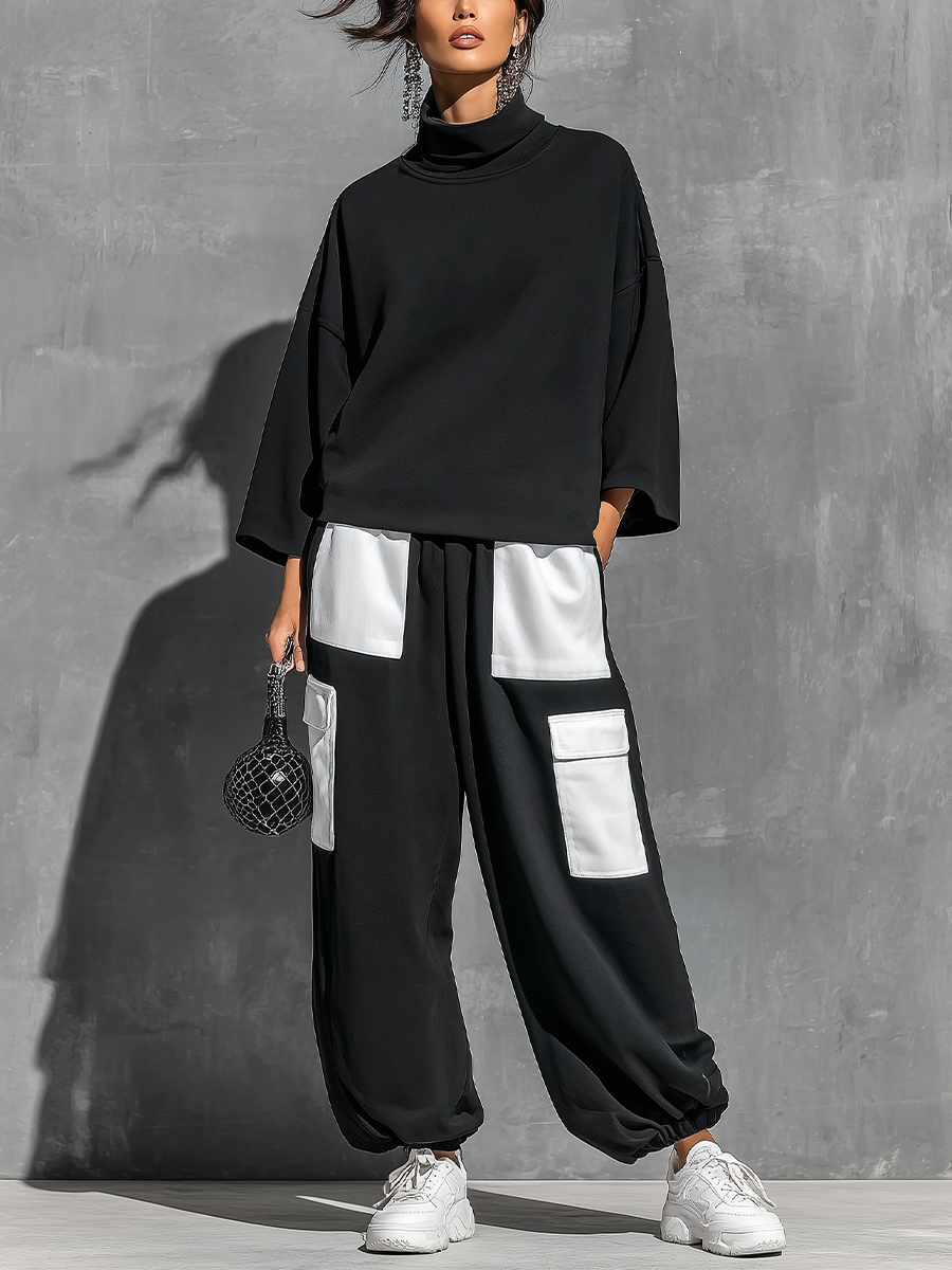 Women’s Black Cotton Knit Oversized High Neck 3/4 Sleeve Sweatshirt & Elastic Cuff Color Block White Patch Pocket Jogger Cargo Pants Two Piece Tracksuit Set