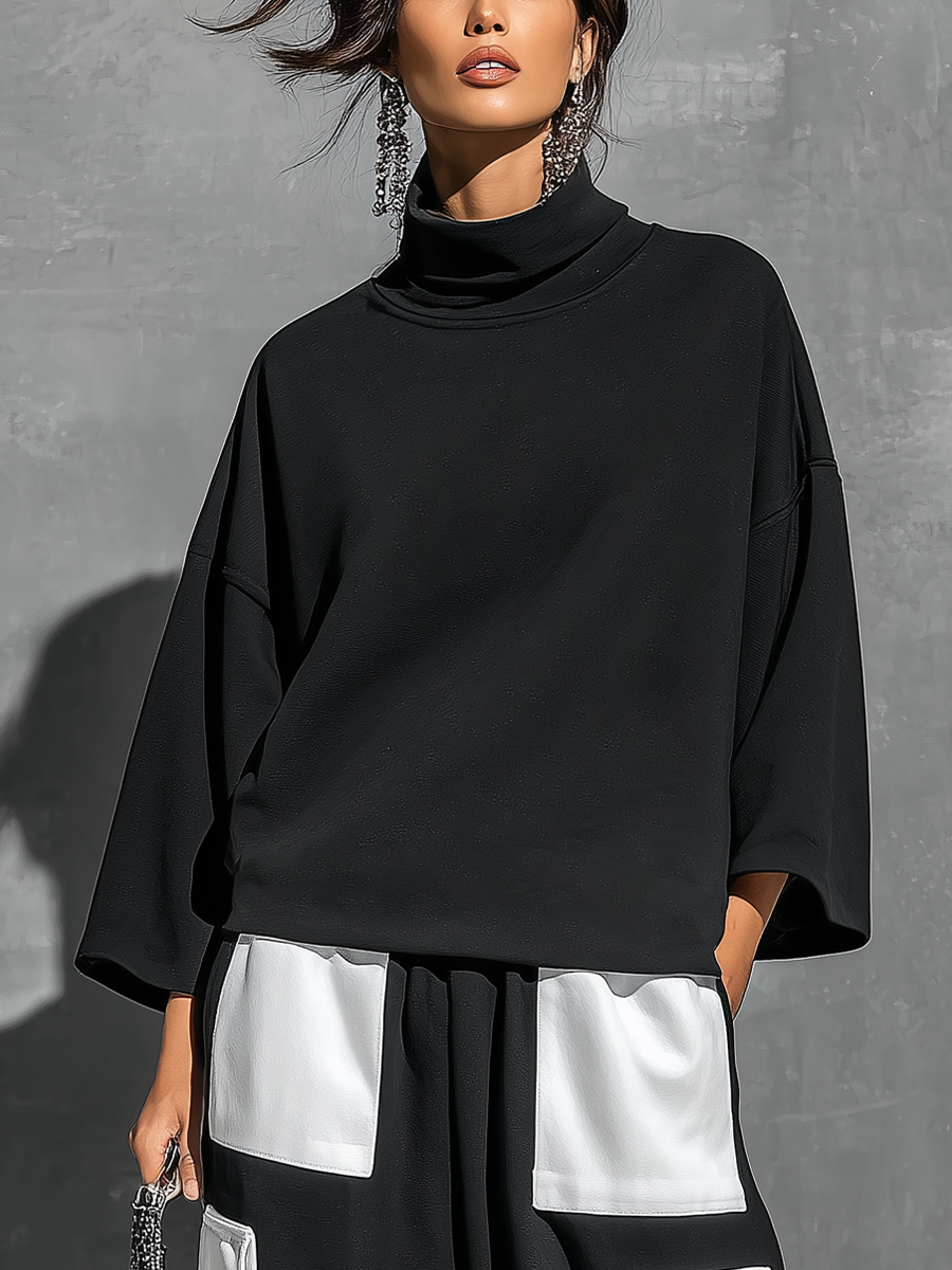 Women’s Black Cotton Knit Oversized High Neck 3/4 Sleeve Sweatshirt & Elastic Cuff Color Block White Patch Pocket Jogger Cargo Pants Two Piece Tracksuit Set