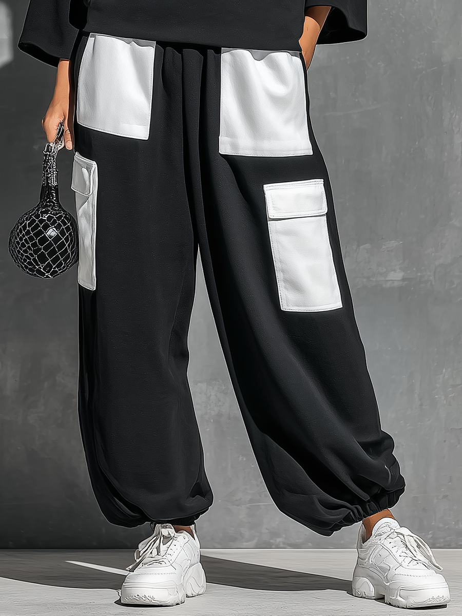 Women’s Black Cotton Knit Oversized High Neck 3/4 Sleeve Sweatshirt & Elastic Cuff Color Block White Patch Pocket Jogger Cargo Pants Two Piece Tracksuit Set