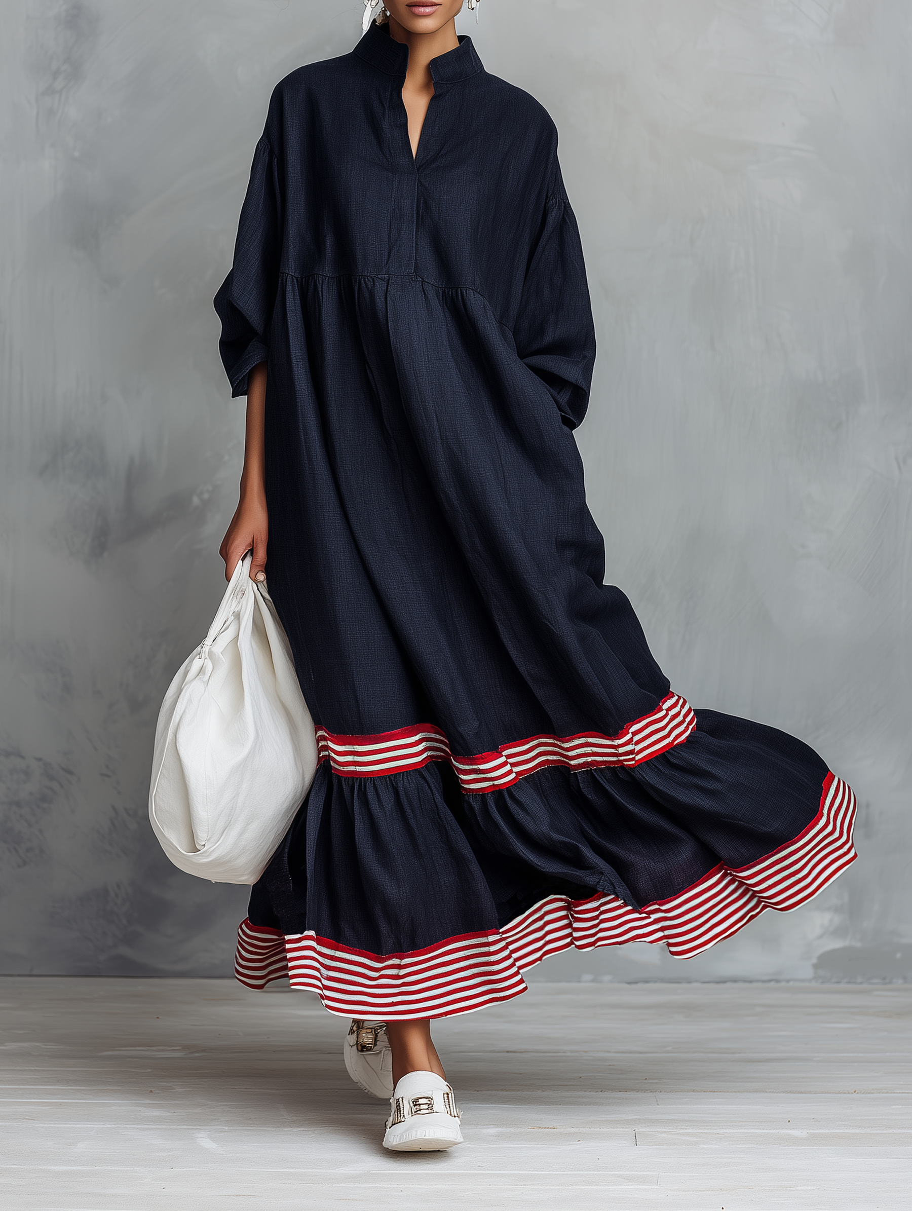 Women's Minimalist Linen-Blend Long-Sleeve Maxi Dress With Striped Hem Panel