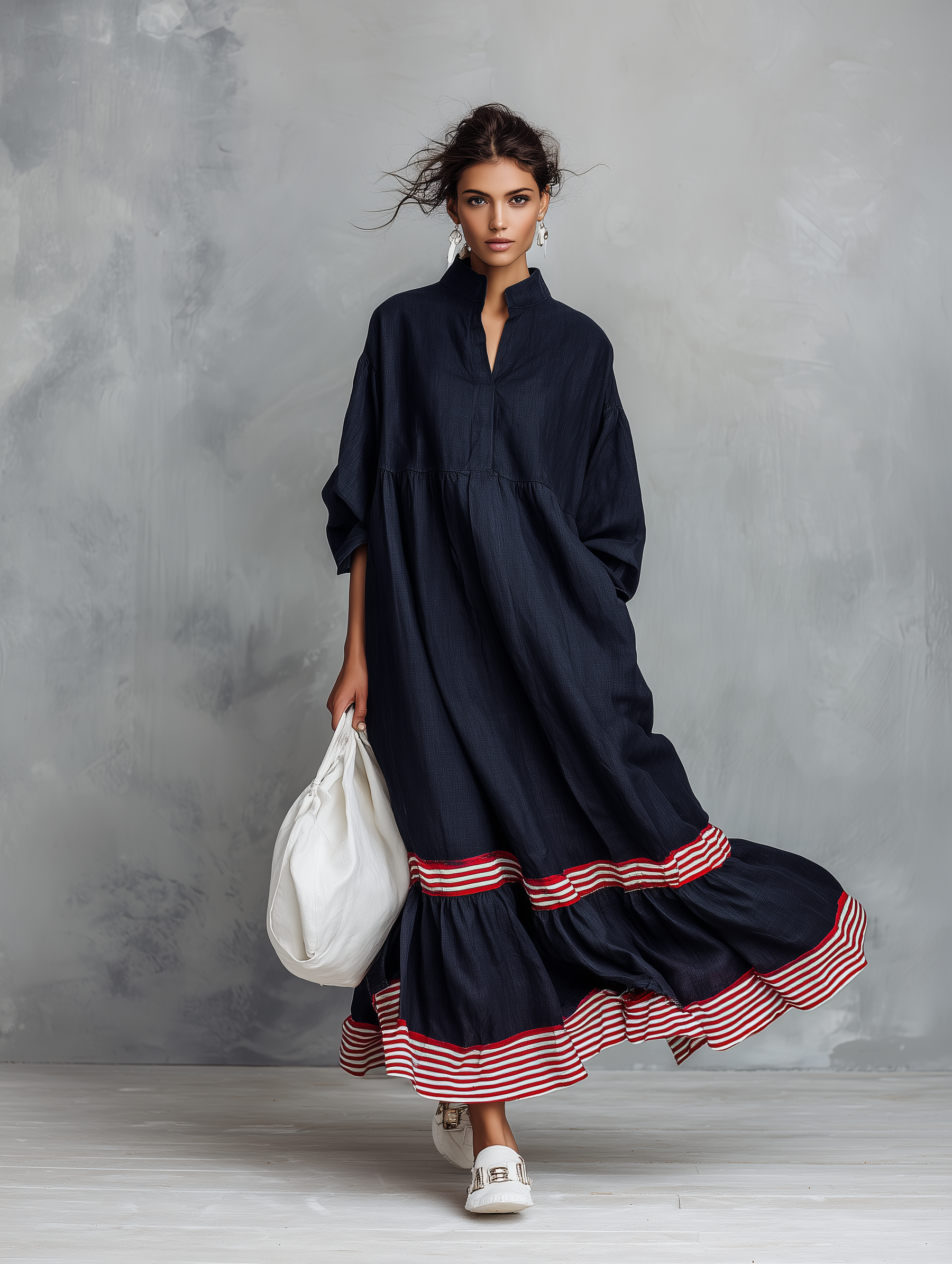 Women's Minimalist Linen-Blend Long-Sleeve Maxi Dress With Striped Hem Panel