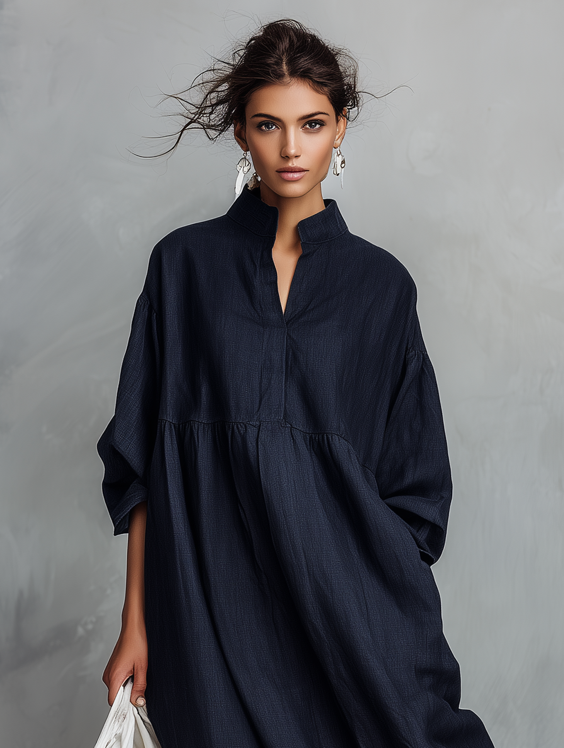 Women's Minimalist Linen-Blend Long-Sleeve Maxi Dress With Striped Hem Panel