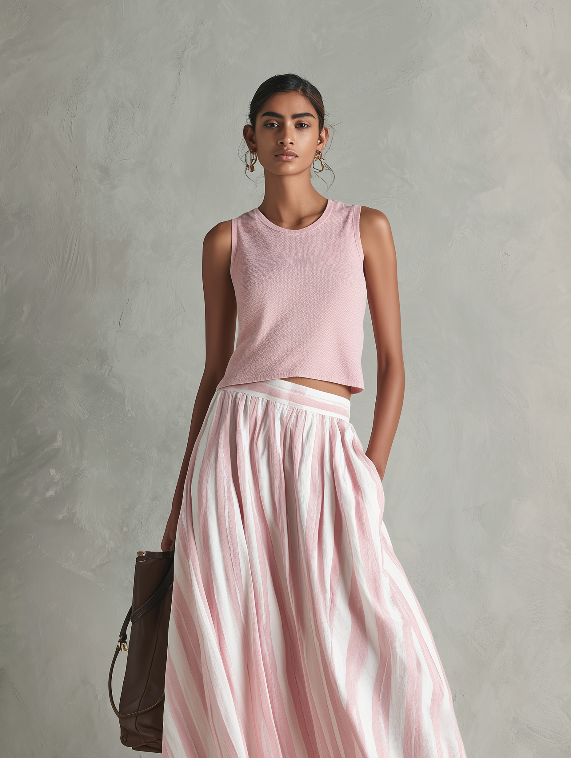 Women's Casual Pink Stretch-knit Sleeveless Round-neck Top Paired With A Woven Pink Printed Maxi Skirt
