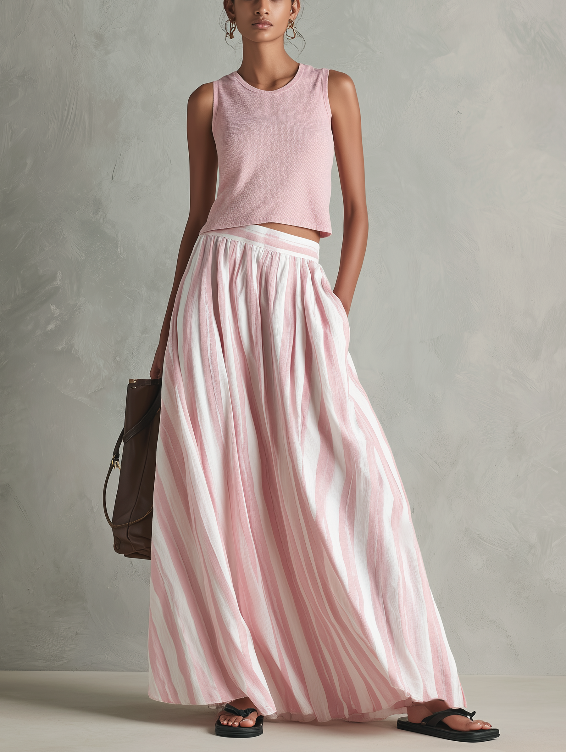 Women's Casual Pink Stretch-knit Sleeveless Round-neck Top Paired With A Woven Pink Printed Maxi Skirt