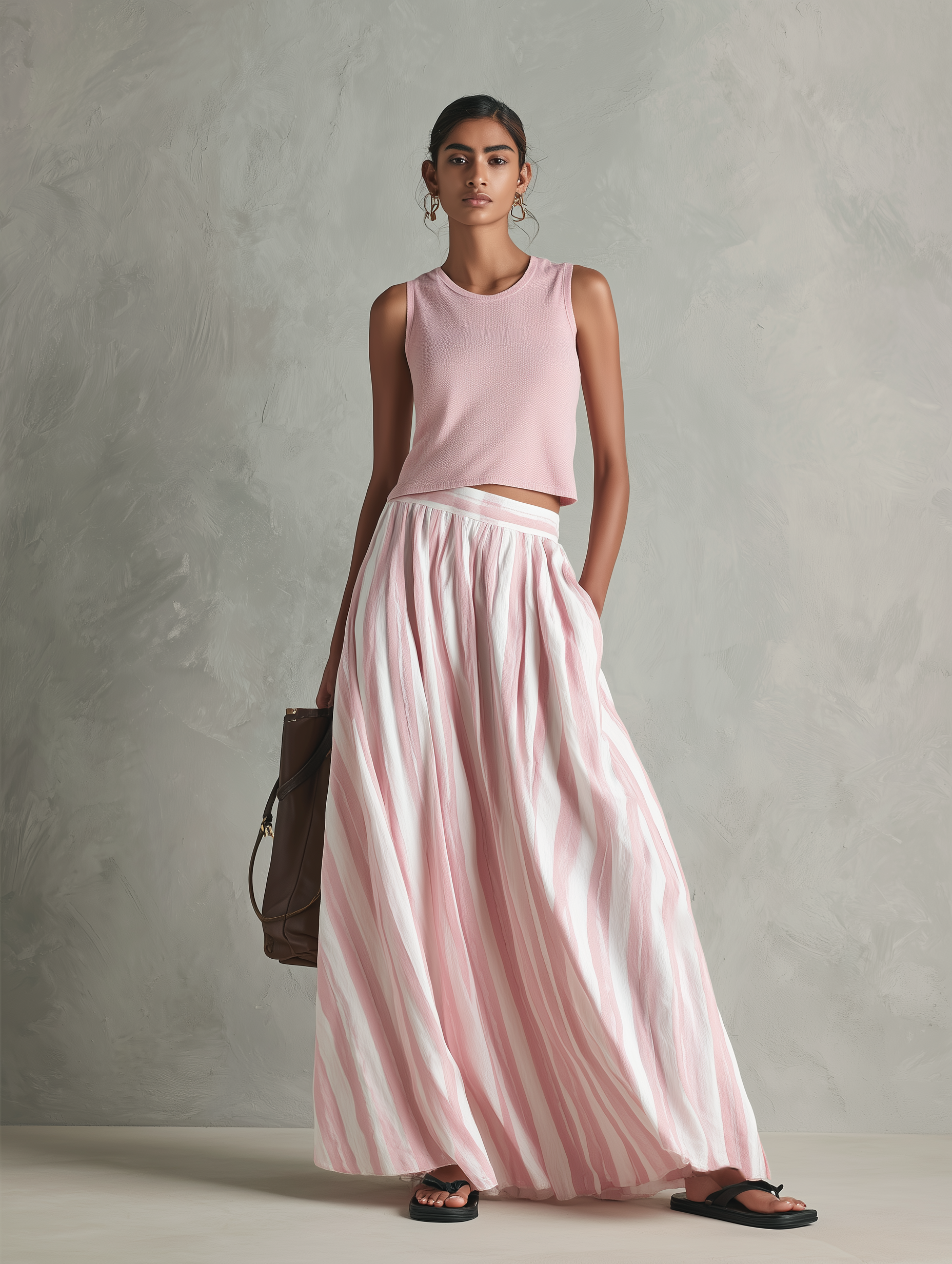 Women's Casual Pink Stretch-knit Sleeveless Round-neck Top Paired With A Woven Pink Printed Maxi Skirt