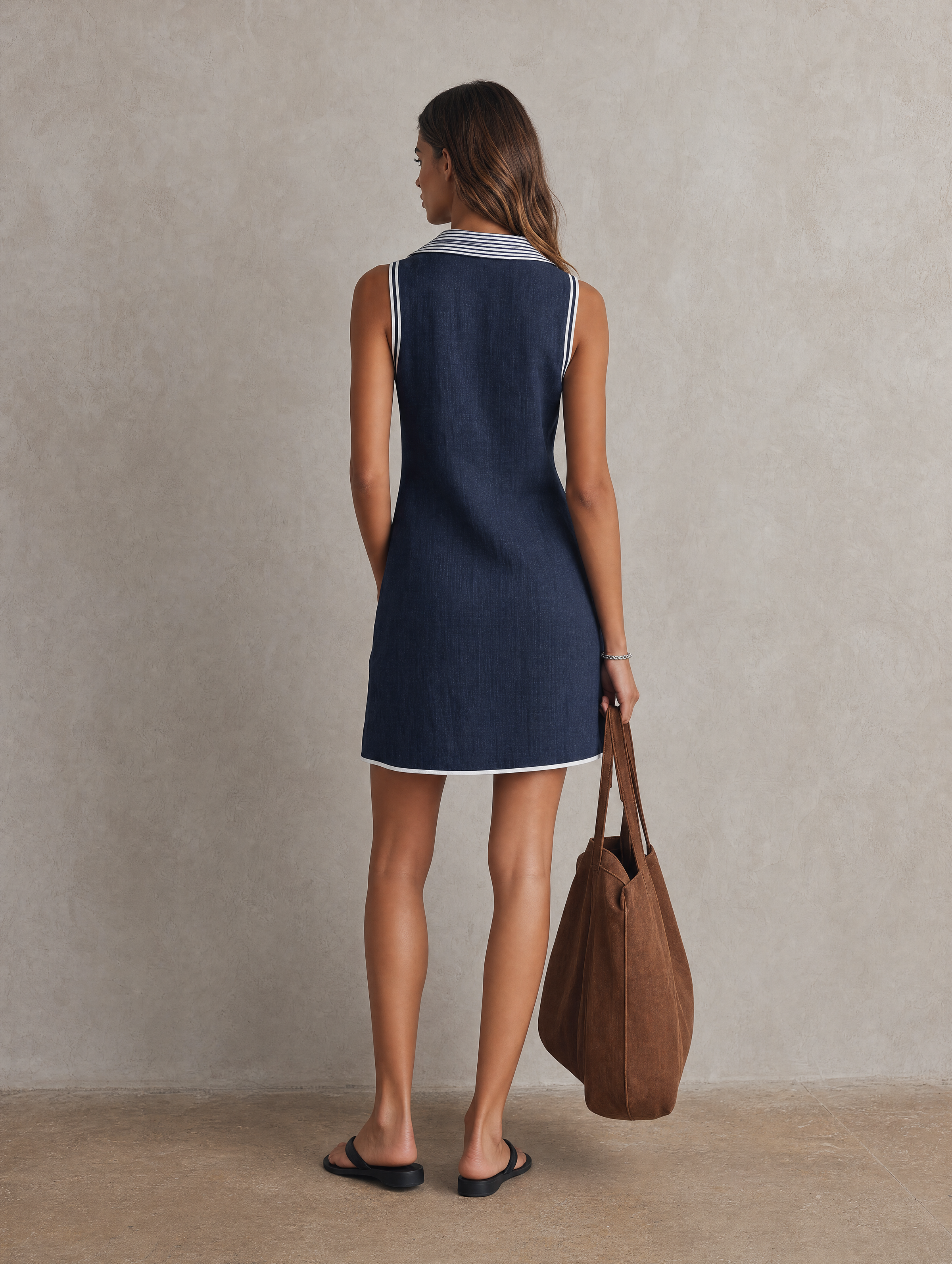 Women's Casual Dark Blue Cotton-linen Sleeveless Shirt-collar Mini Dress
