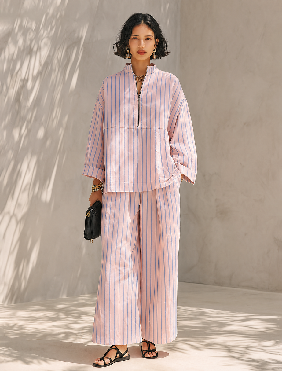 Women's Minimalist Half-Zip Long-Sleeve Top & Wide-Leg Pants Set