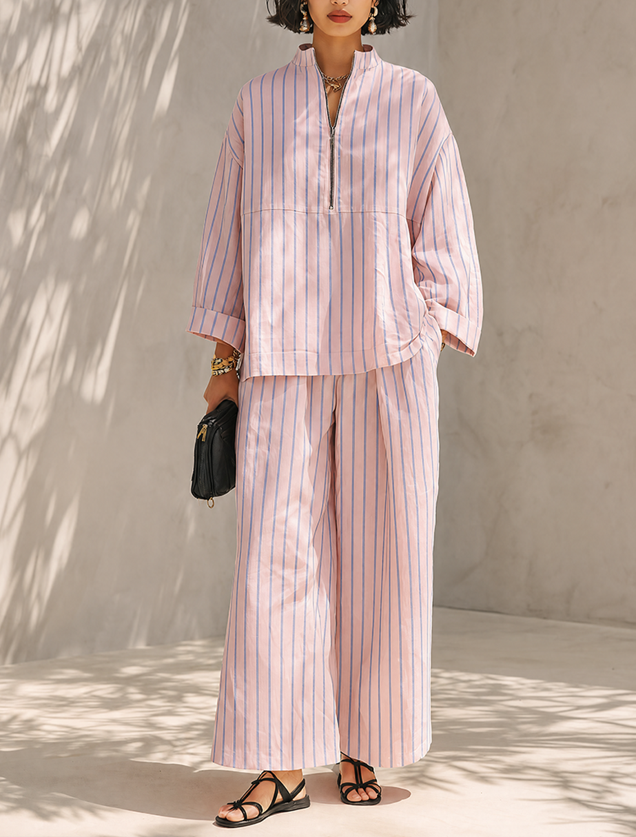 Women's Minimalist Half-Zip Long-Sleeve Top & Wide-Leg Pants Set