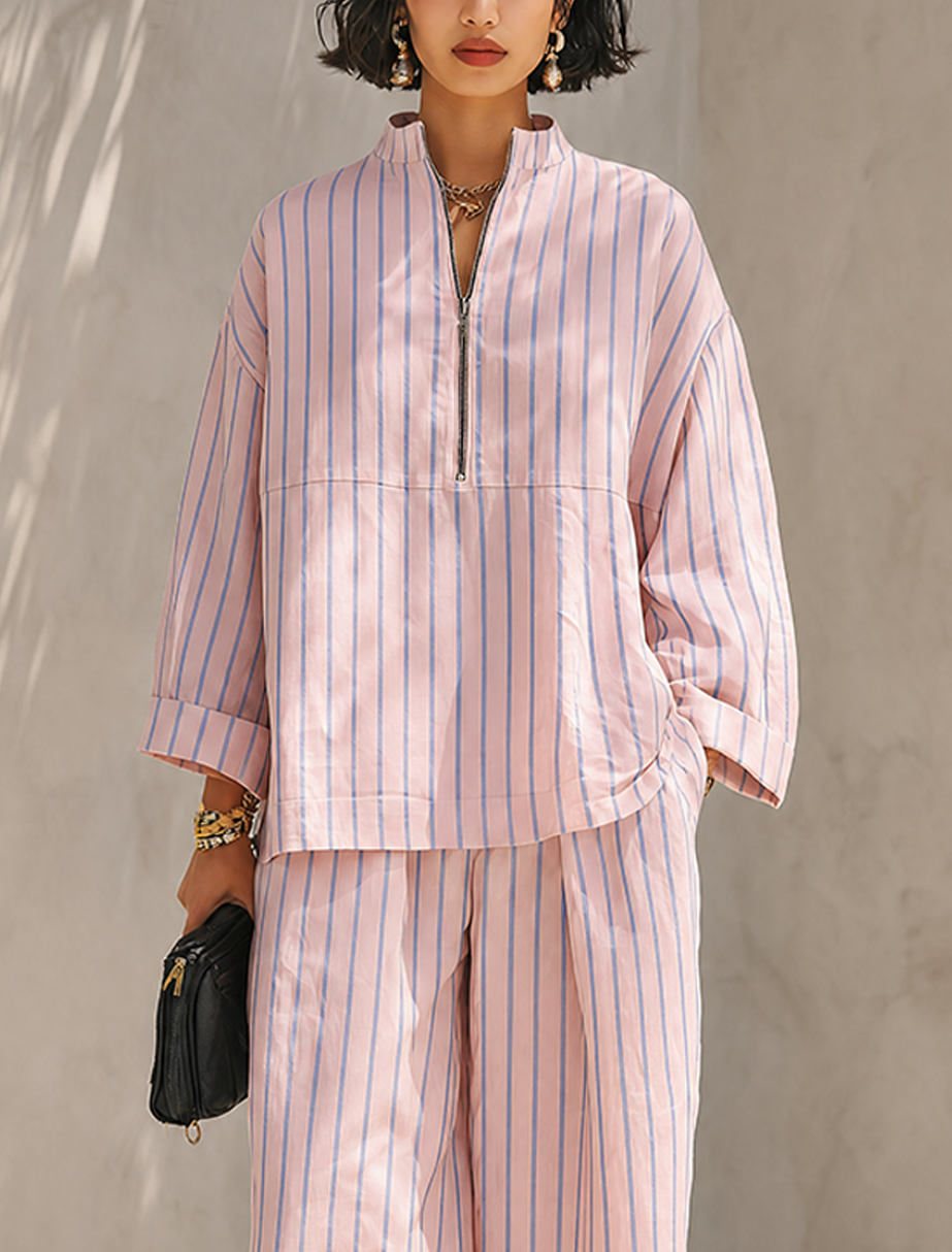 Women's Minimalist Half-Zip Long-Sleeve Top & Wide-Leg Pants Set