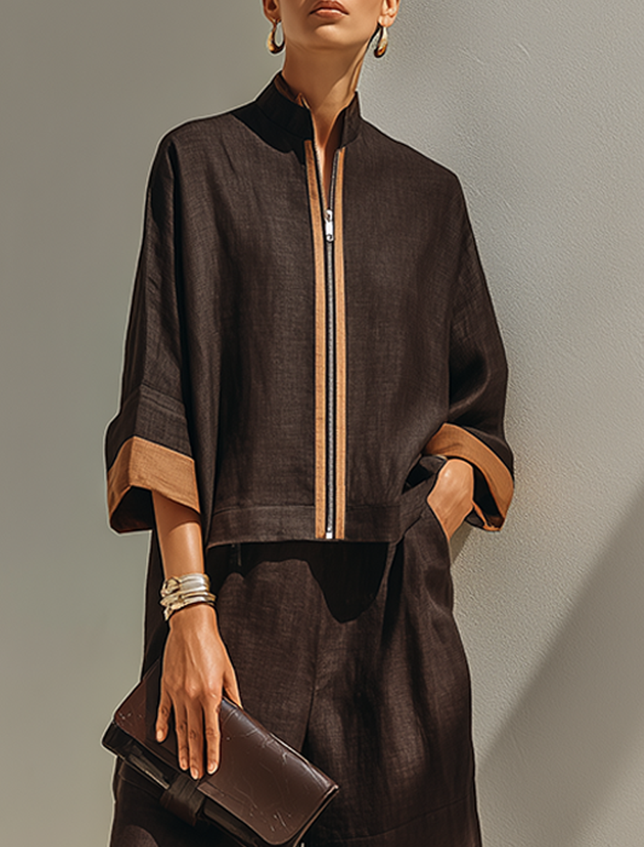 Women's Dark‑Brown Linen Fabric Stand‑Collared Zip‑Up Crop Top & Wide‑Leg Pants Set