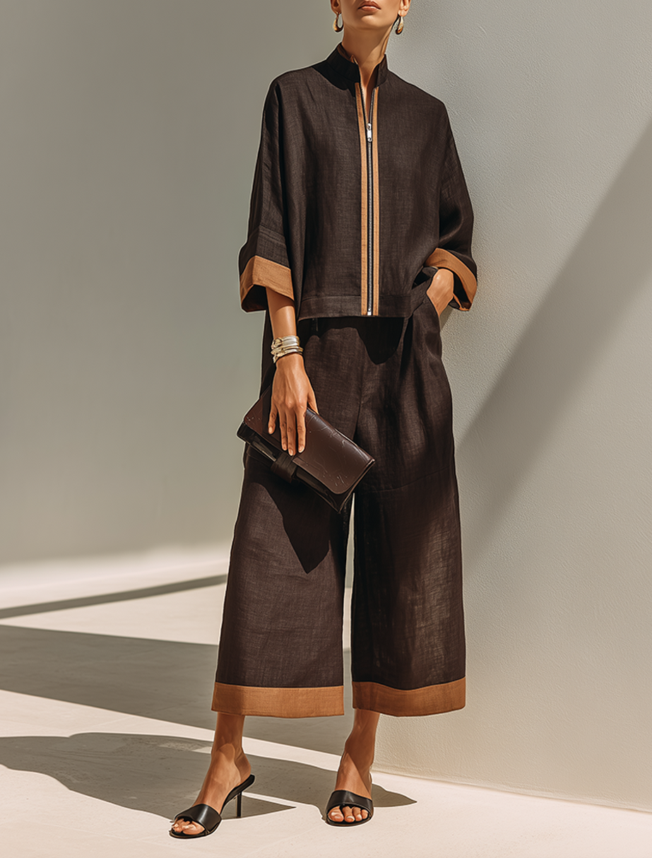 Women's Dark‑Brown Linen Fabric Stand‑Collared Zip‑Up Crop Top & Wide‑Leg Pants Set