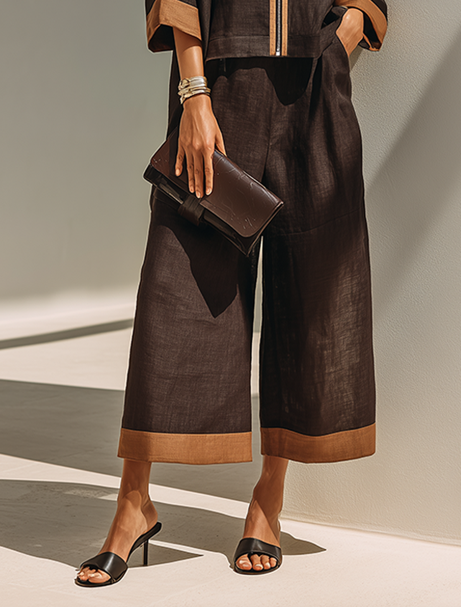 Women's Dark‑Brown Linen Fabric Stand‑Collared Zip‑Up Crop Top & Wide‑Leg Pants Set