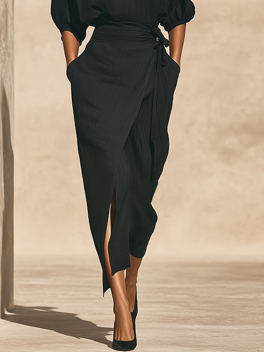 Women's Black Textured Linen Blend Two Piece Wrap Matching Set With Batwing Puff Sleeve Top & Tie Waist Wrap Midi Skirt, Minimalist Resort Elegant Outfit