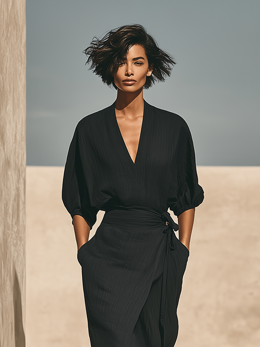 Women's Black Textured Linen Blend Two Piece Wrap Matching Set With Batwing Puff Sleeve Top & Tie Waist Wrap Midi Skirt, Minimalist Resort Elegant Outfit