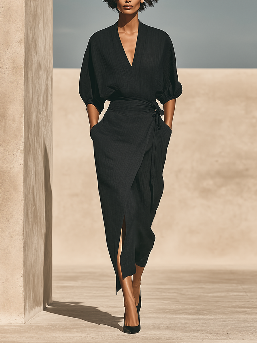Women's Black Textured Linen Blend Two Piece Wrap Matching Set With Batwing Puff Sleeve Top & Tie Waist Wrap Midi Skirt, Minimalist Resort Elegant Outfit
