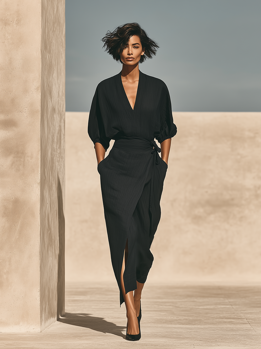 Women's Black Textured Linen Blend Two Piece Wrap Matching Set With Batwing Puff Sleeve Top & Tie Waist Wrap Midi Skirt, Minimalist Resort Elegant Outfit