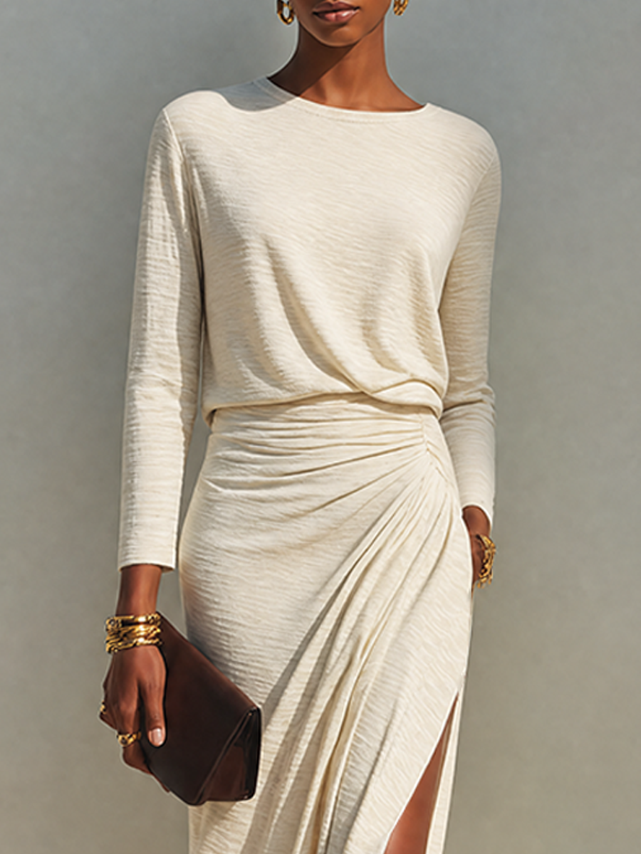 Women's Beige Cotton-Blend Crew-Neck Ruched Slit Maxi Dress