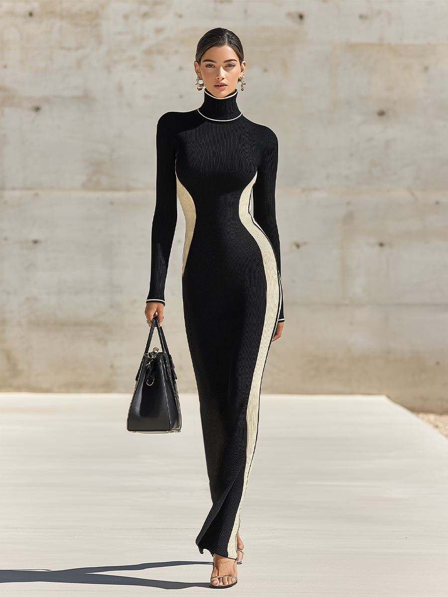 Women's Two-Tone Black Off White Stretch Knit Maxi Gown With Contrast Trim Turtleneck & Vertical Side Stripe, Sophisticated Slim Fit Long Sleeve Sweater Dress
