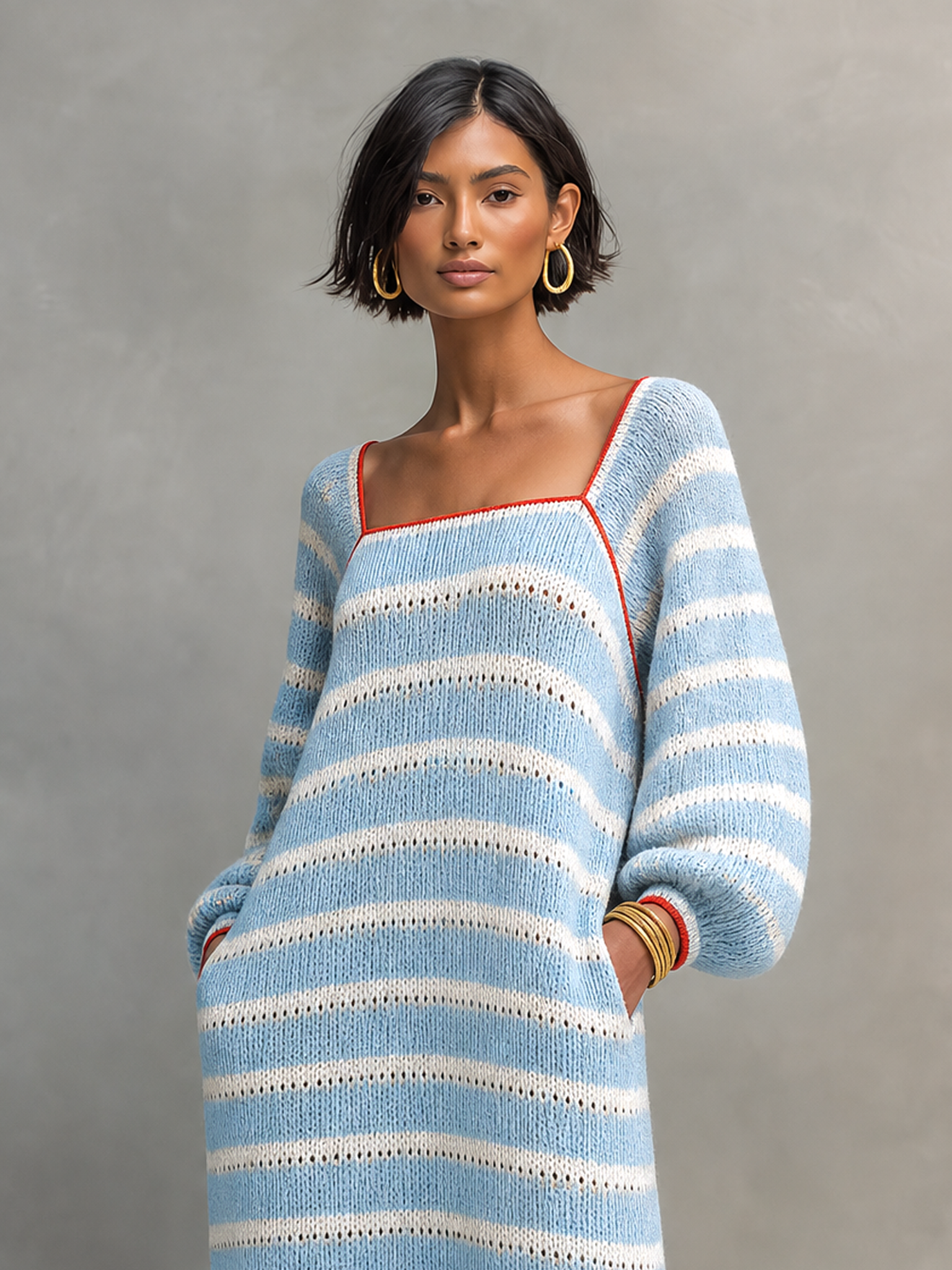 Women's Minimalist Striped Square-Neck Long-Sleeve Maxi Sweater Dress