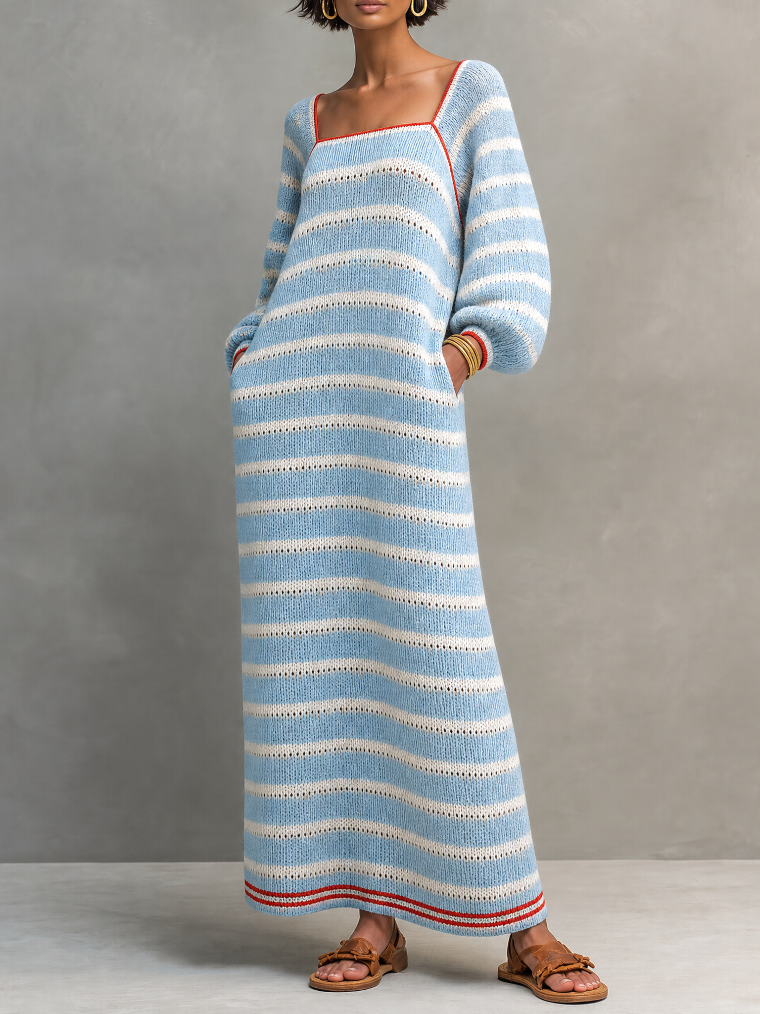 Women's Minimalist Striped Square-Neck Long-Sleeve Maxi Sweater Dress