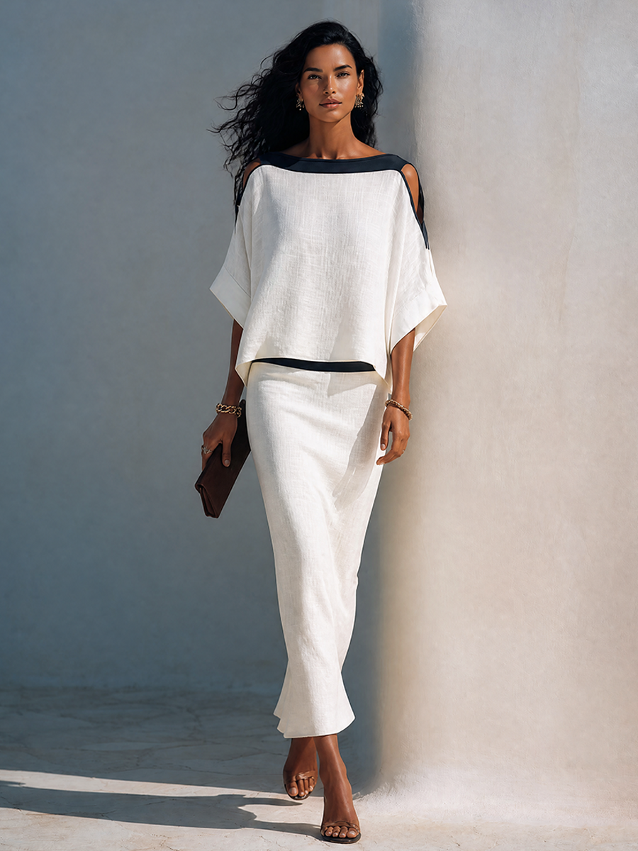 Women's Linen-Blend Batwing-Sleeve Top And Midi Skirt Two-Piece Set
