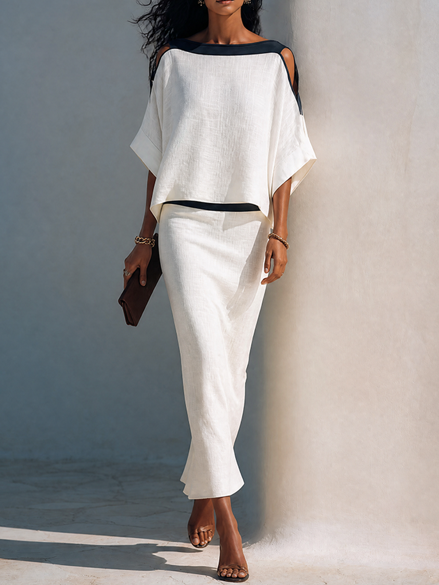 Women's Linen-Blend Batwing-Sleeve Top And Midi Skirt Two-Piece Set