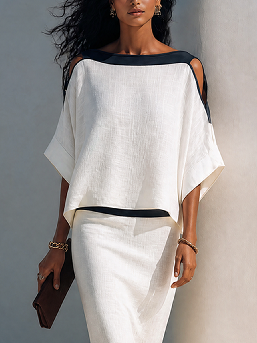 Women's Linen-Blend Batwing-Sleeve Top And Midi Skirt Two-Piece Set
