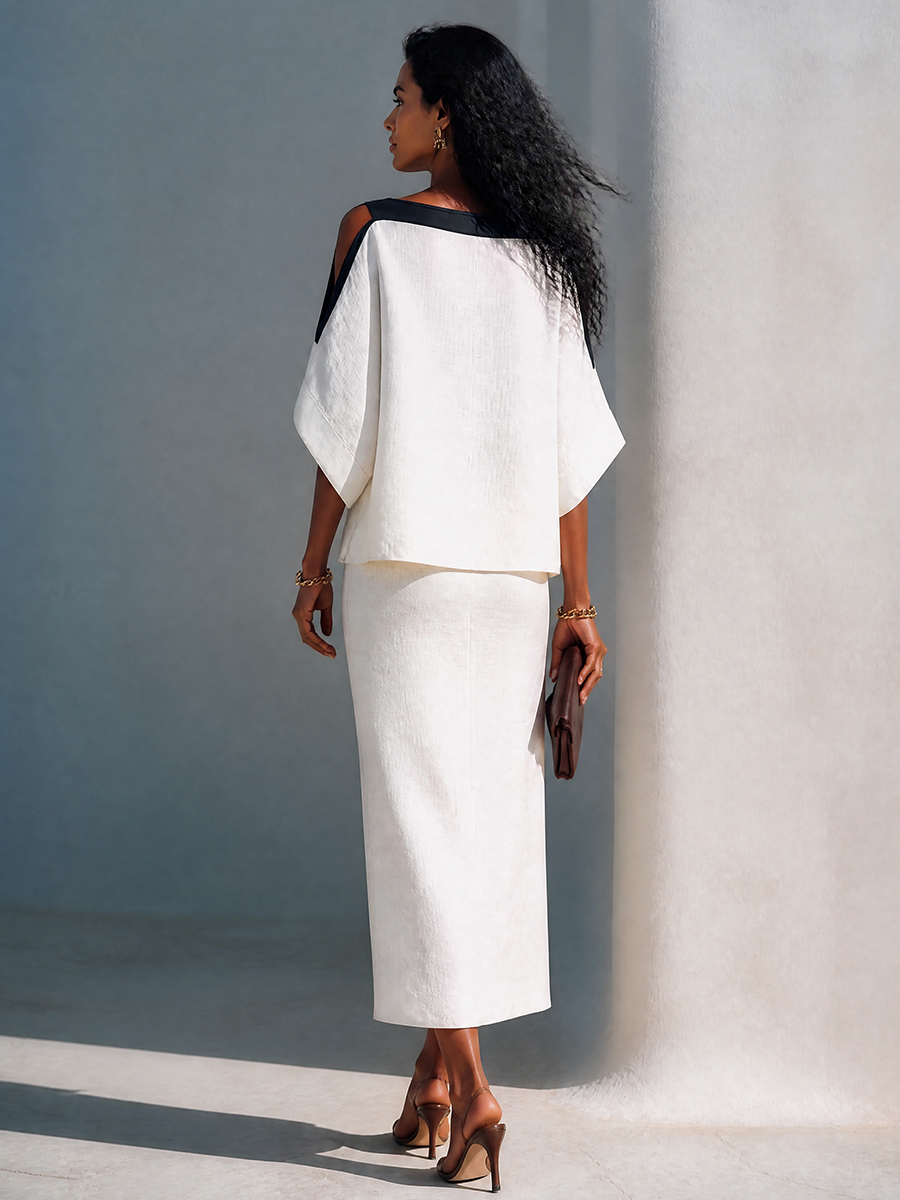 Women's Linen-Blend Batwing-Sleeve Top And Midi Skirt Two-Piece Set