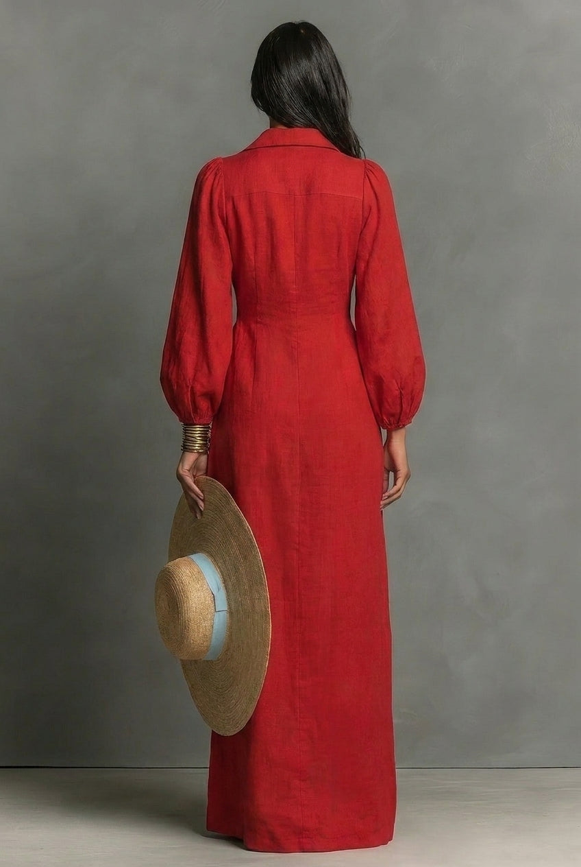 Women's Minimalist Single-breasted Long-sleeve Maxi Dress With A Fitted Waist