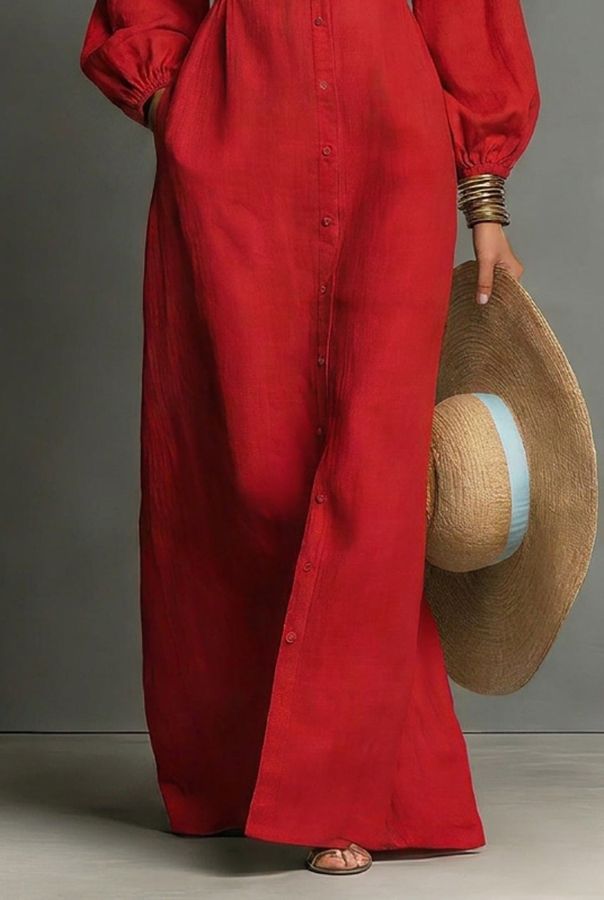 Women's Minimalist Single-breasted Long-sleeve Maxi Dress With A Fitted Waist
